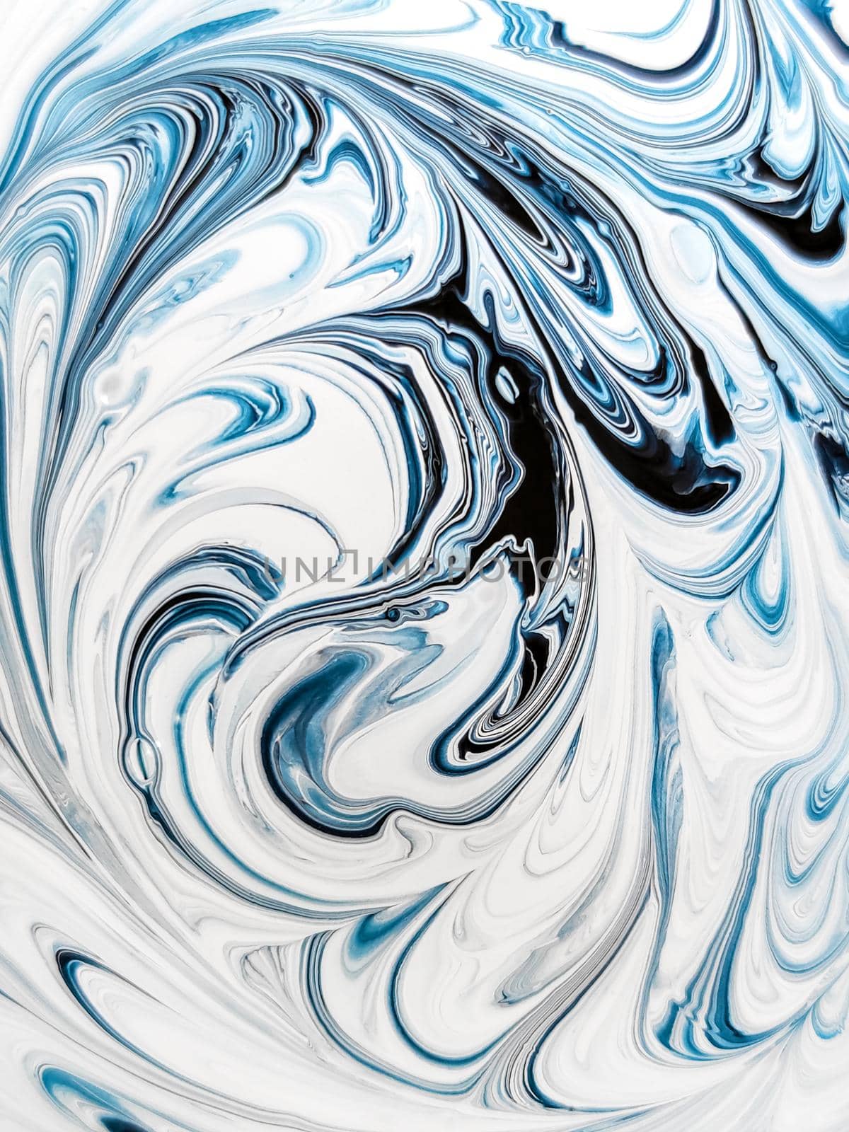 Background of an abstract blue-and-white drawing, multi-layer pattern of mixed paint, curved lines close up.