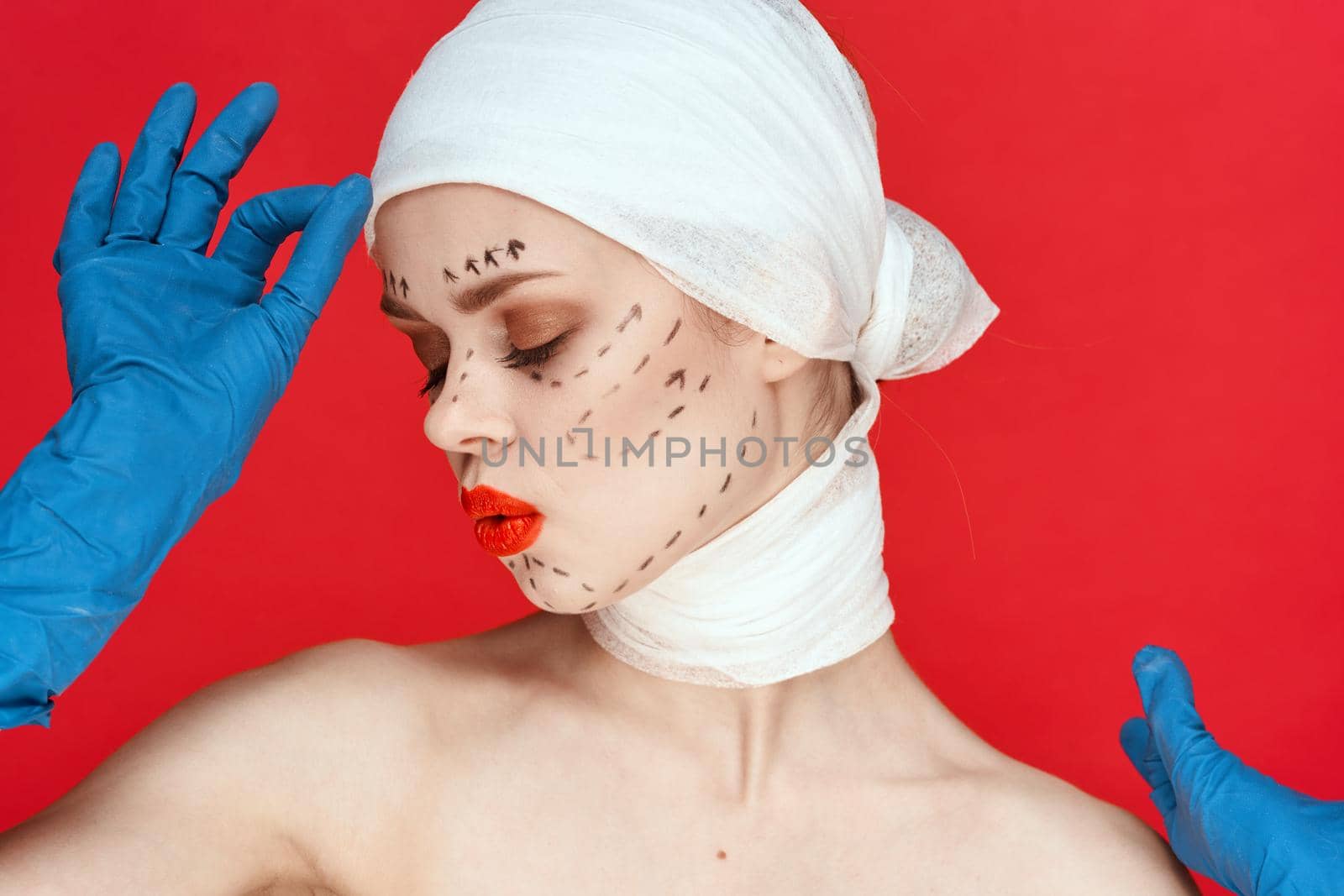 portrait of a woman aesthetic facial surgery clinic body care red background. High quality photo