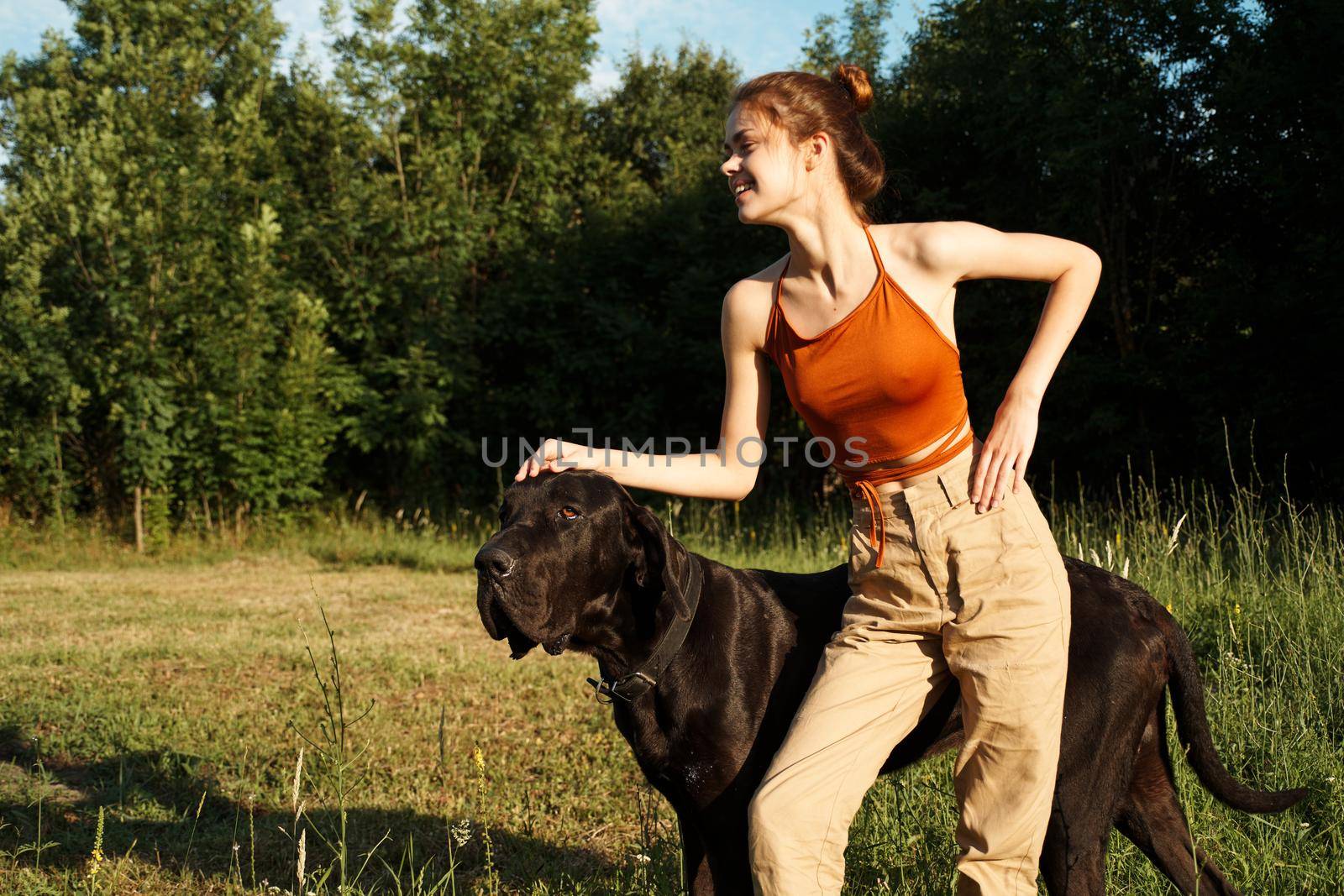 woman in the field in summer playing with a dog friendship by Vichizh