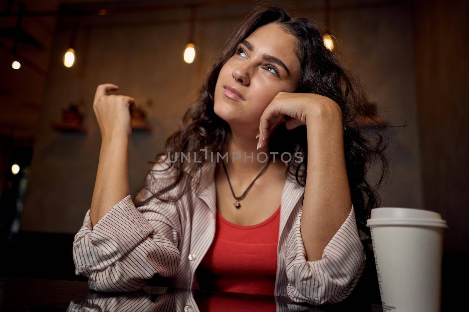 woman in restaurant with tablet technology communication. High quality photo