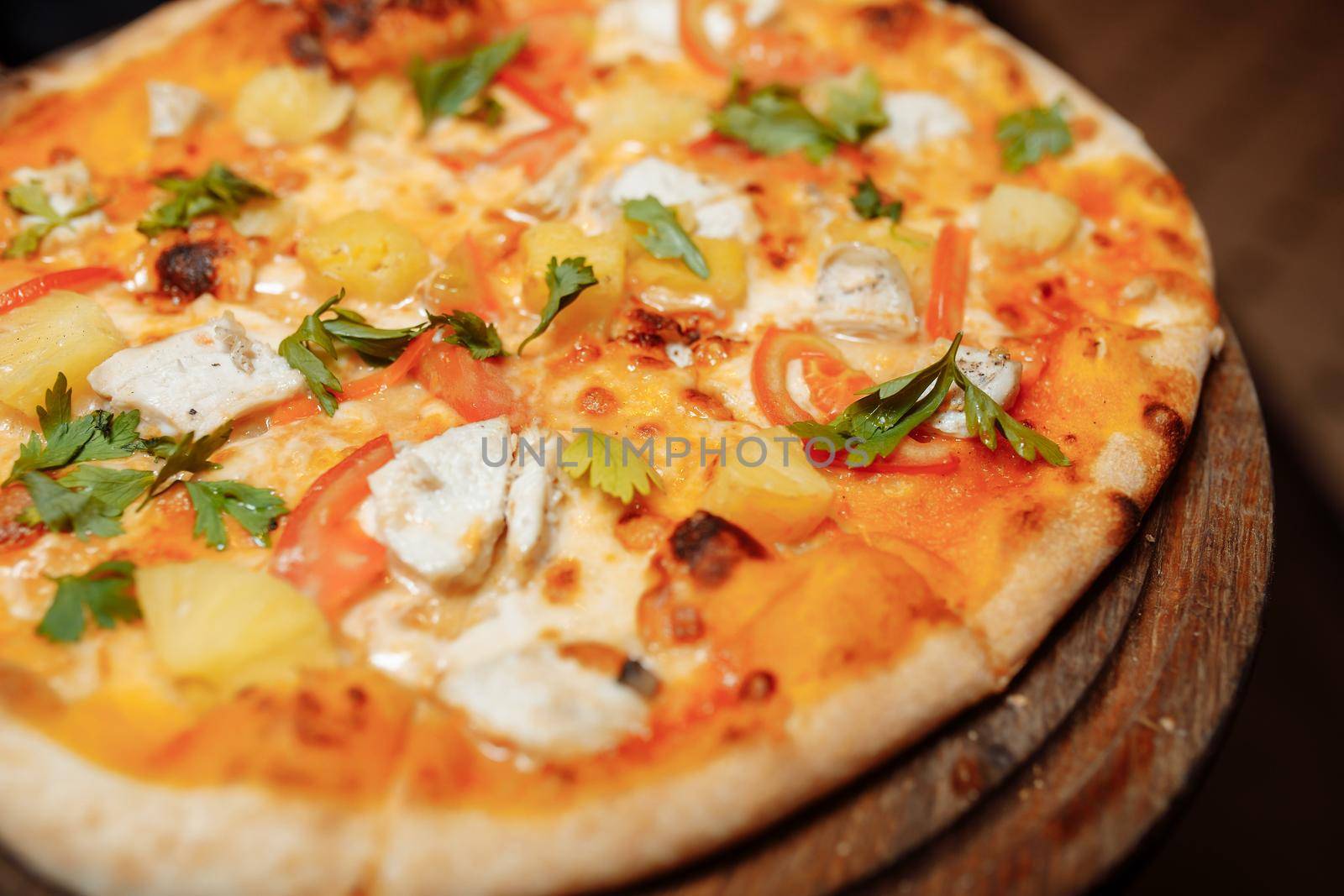 Pizza on wooden table top view. Fast food. Post blog social media. with copy space. Pizza ready to eat by UcheaD