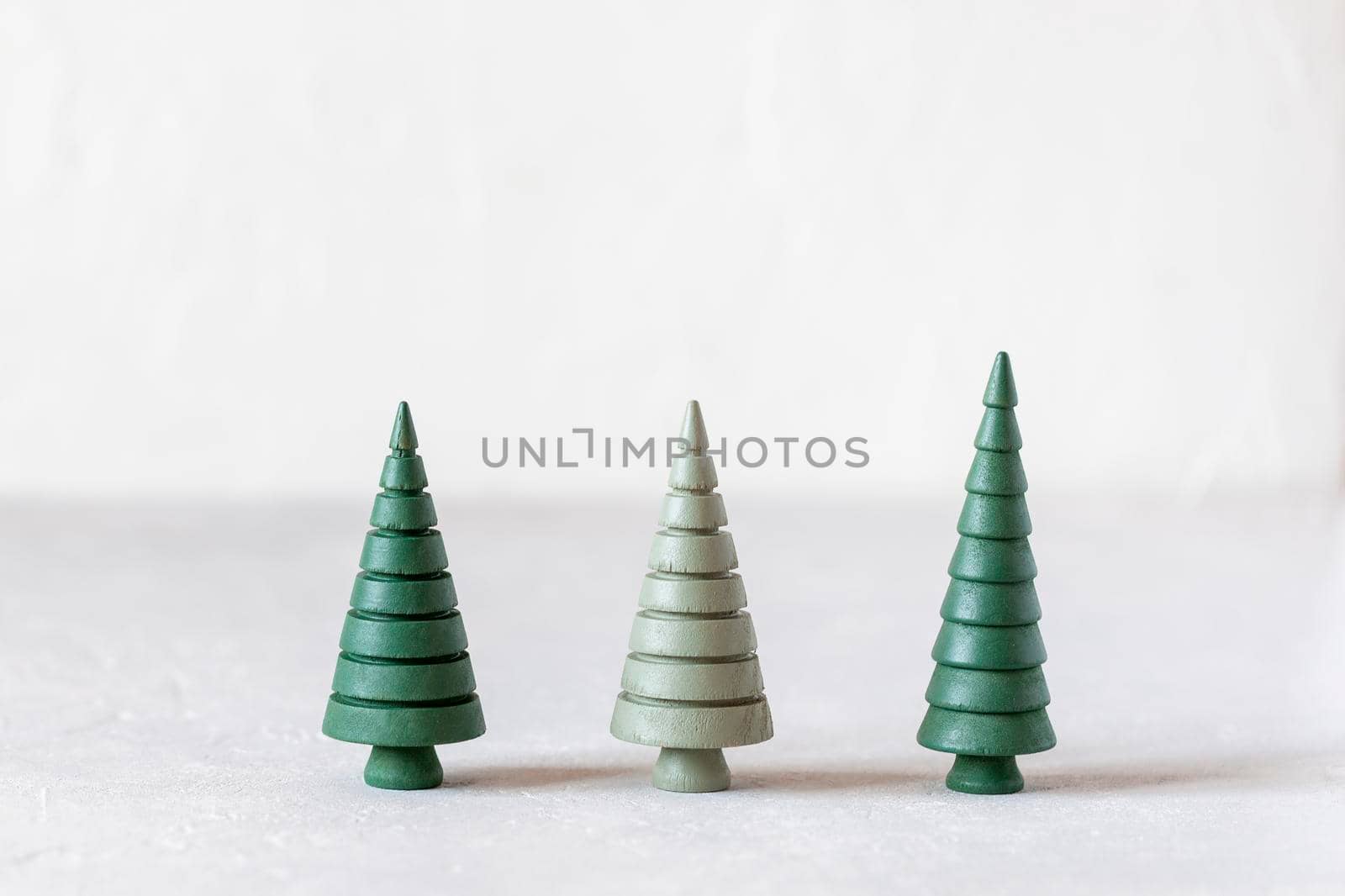 New Year and Christmas wooden decorative trees, zero waste concept