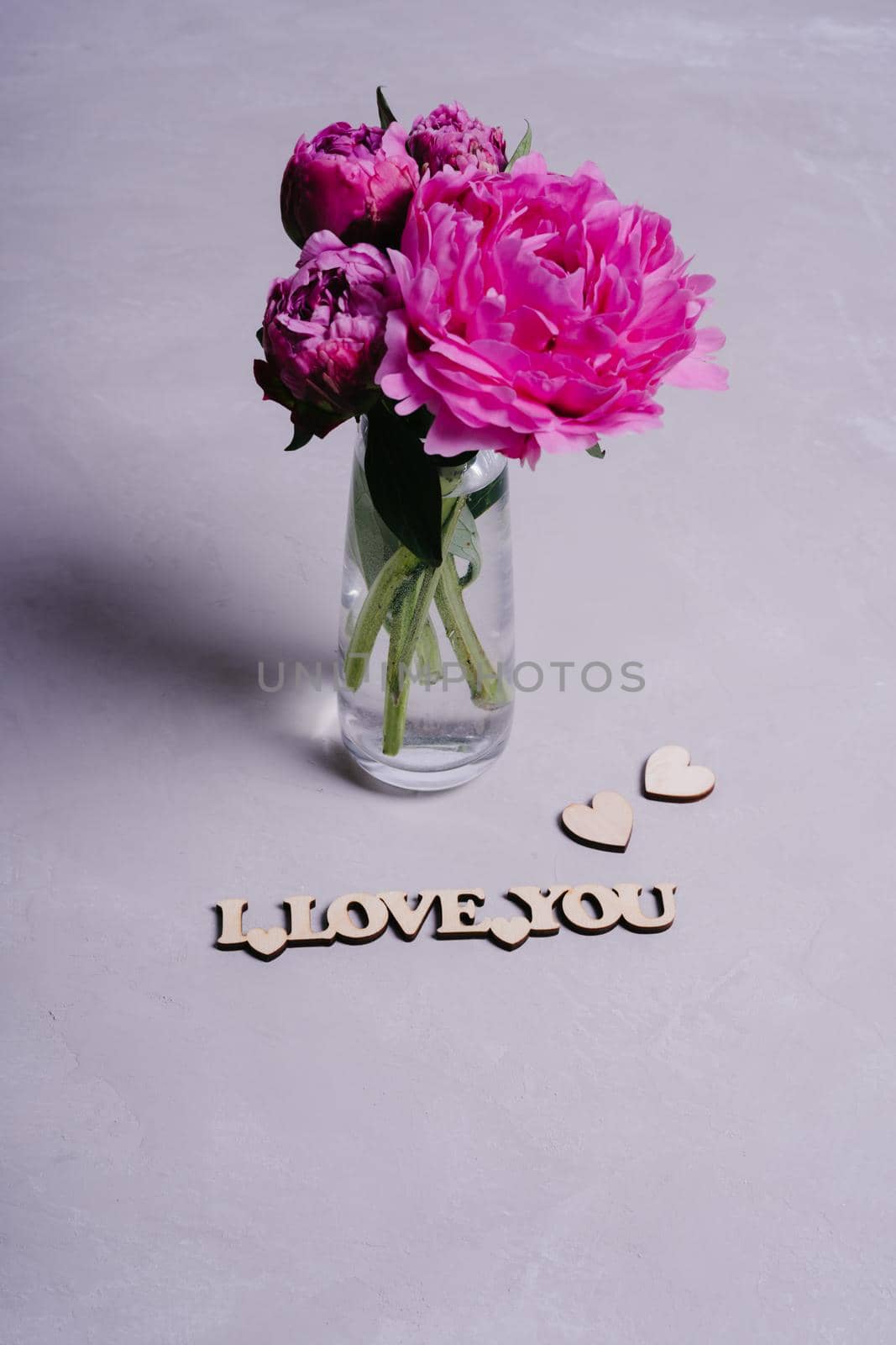 Pink garden peonies on a gray textured background. Wooden inscription I love you. Valentine's Day greeting card. Postcard declaration of love. Wooden decor. Vertical image orientation.