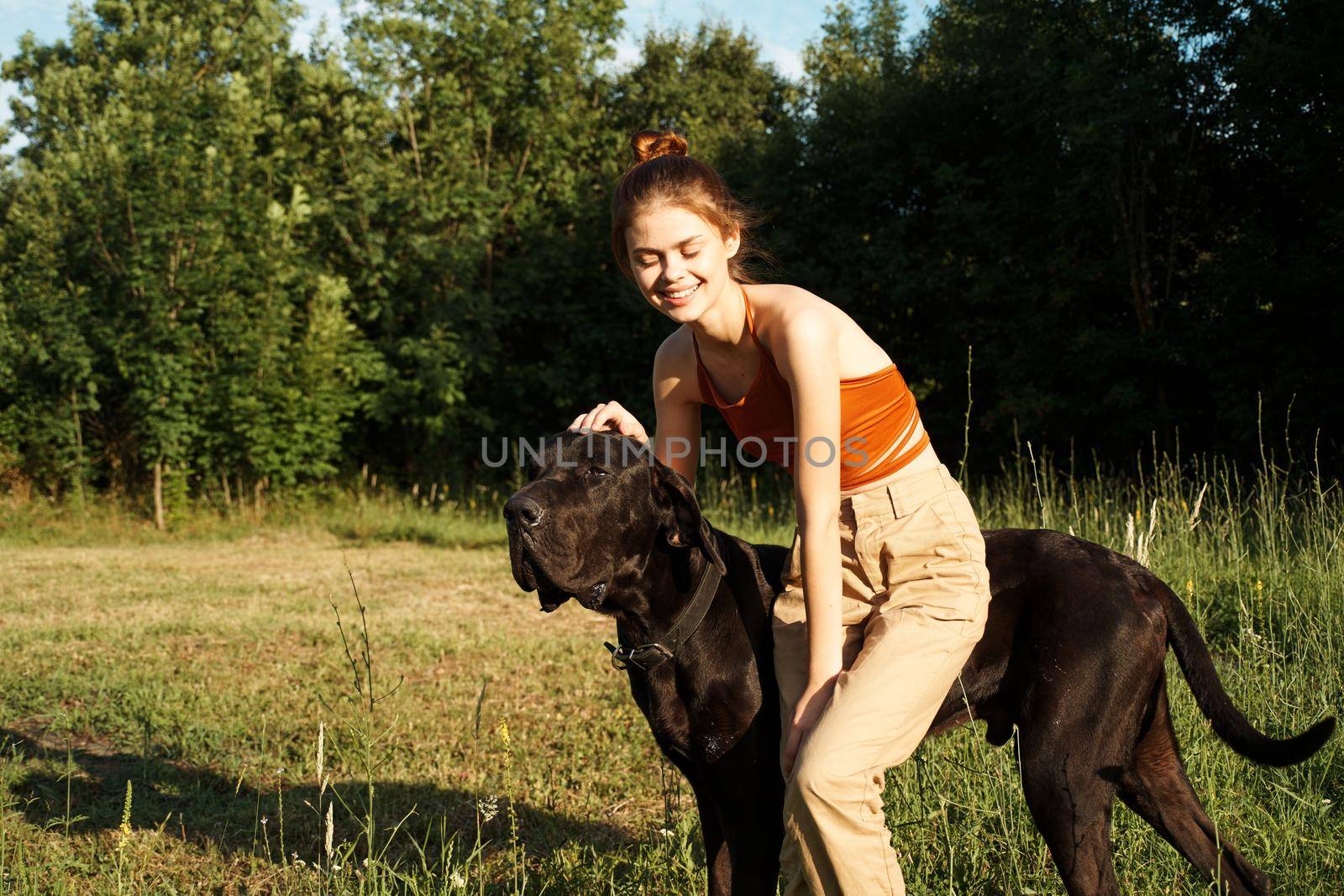 woman in the field in summer playing with a dog friendship by Vichizh