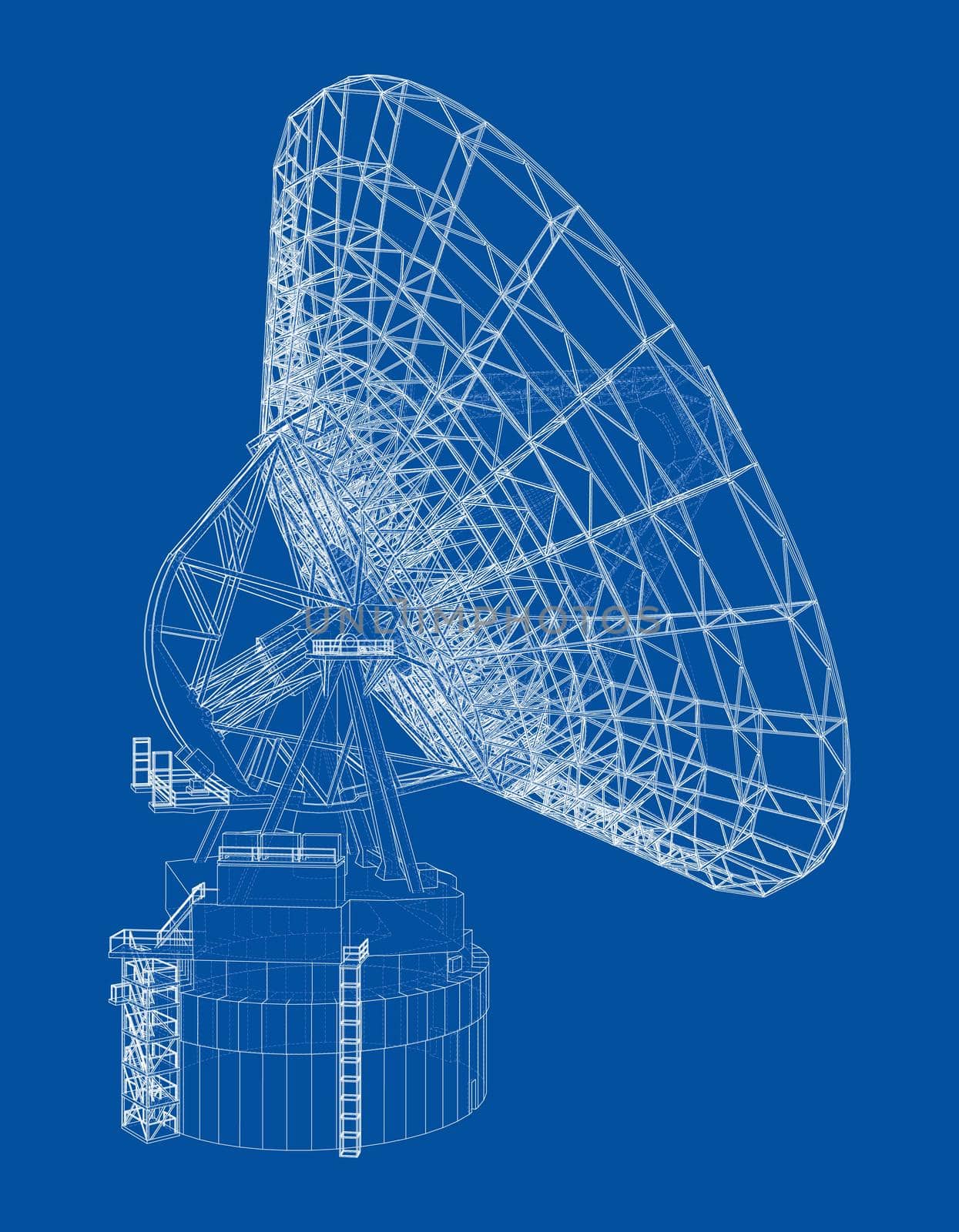 Radio Telescope concept outline. 3d illustration. Wire-frame style