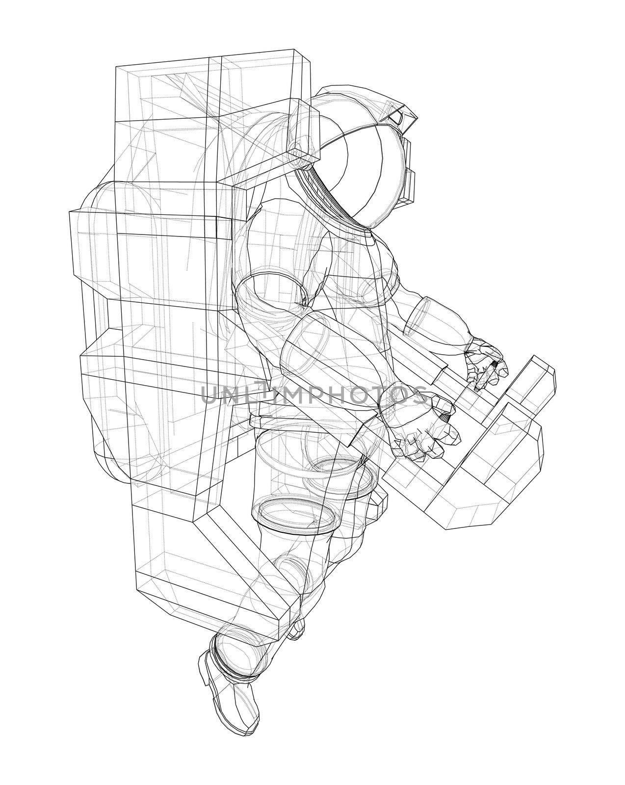 Astronaut concept. 3d illustration. Wire-frame or blueprint style