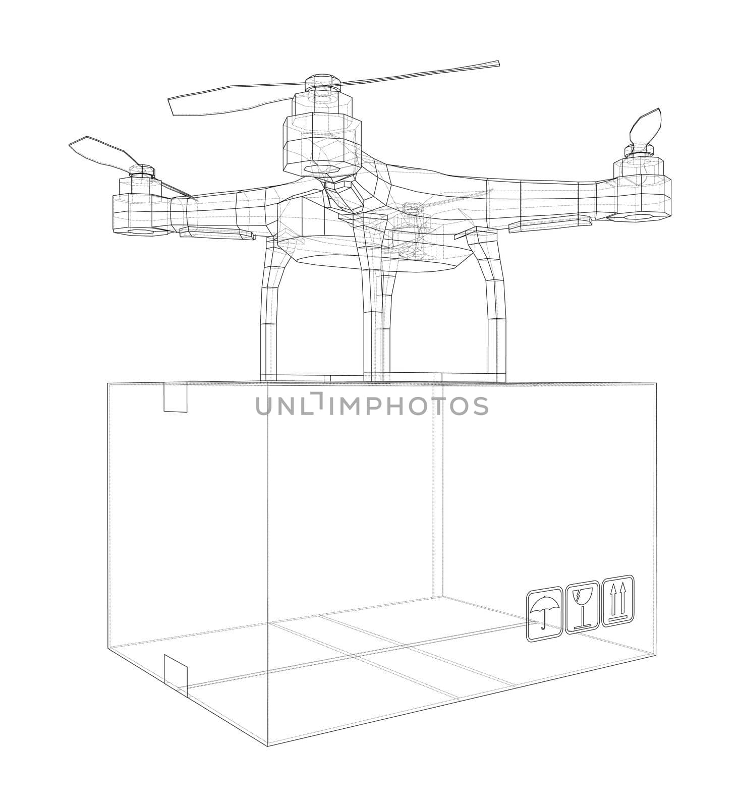 Delivery drone concept outline. 3d illustration. Wire-frame style