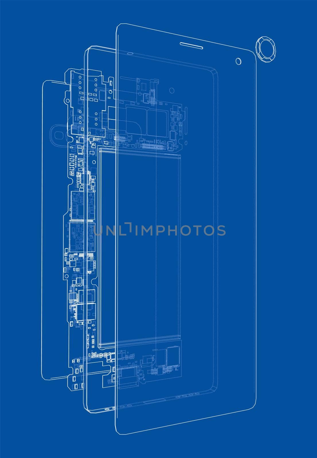 Disassembled smartphone concept outline. 3d illustration. Wire-frame style