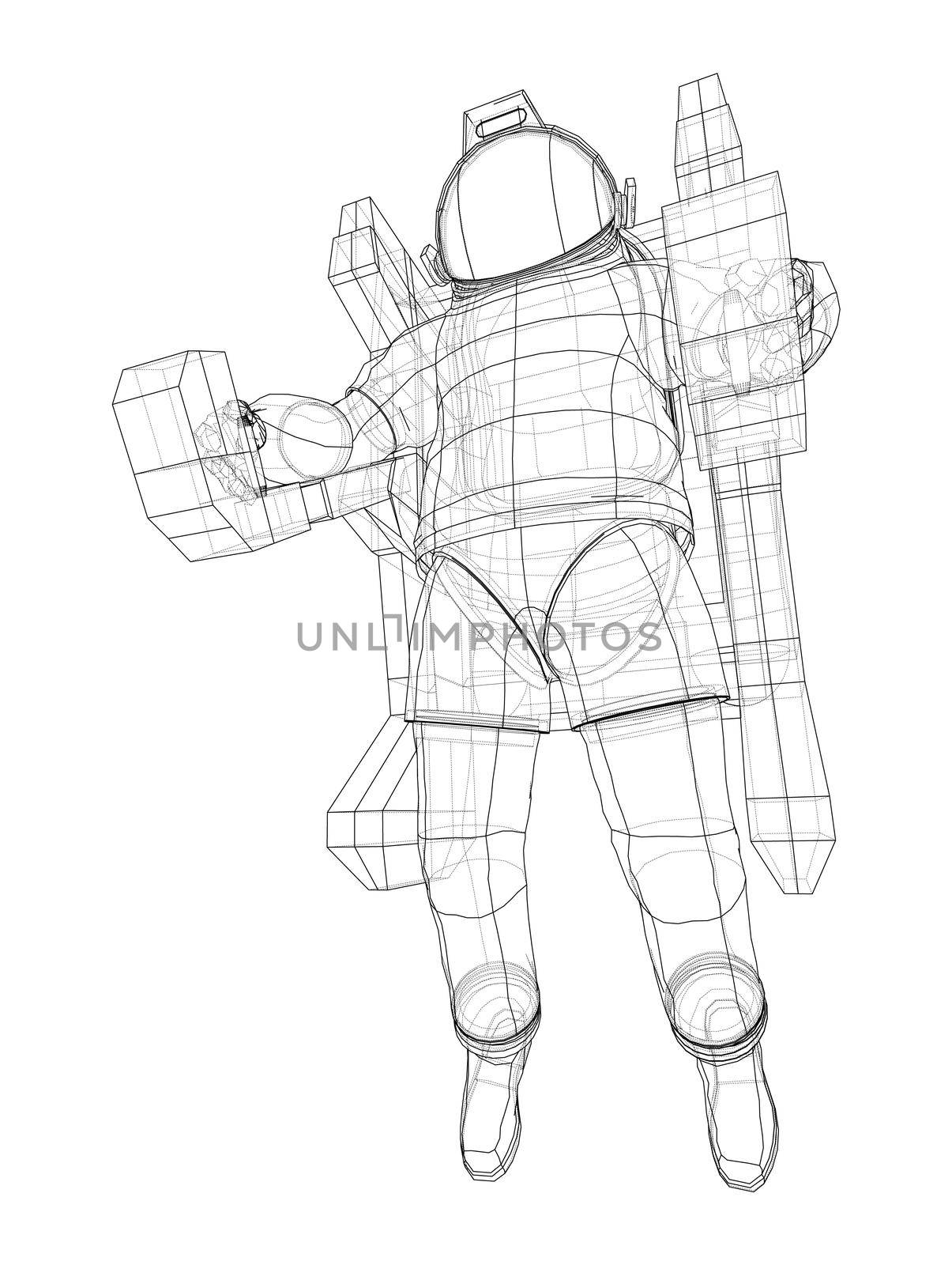 Astronaut concept. 3d illustration. Wire-frame or blueprint style