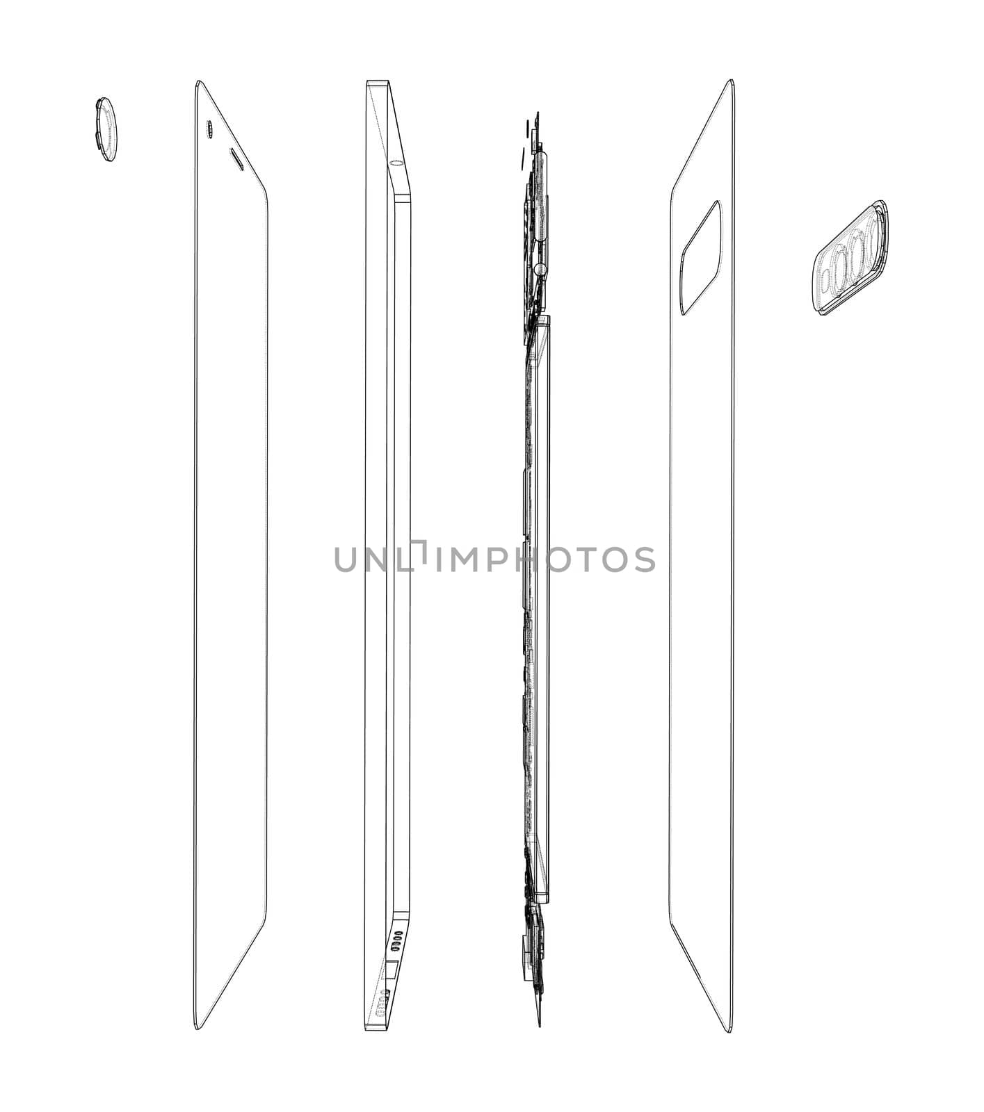 Disassembled smartphone concept outline. 3d illustration. Wire-frame style