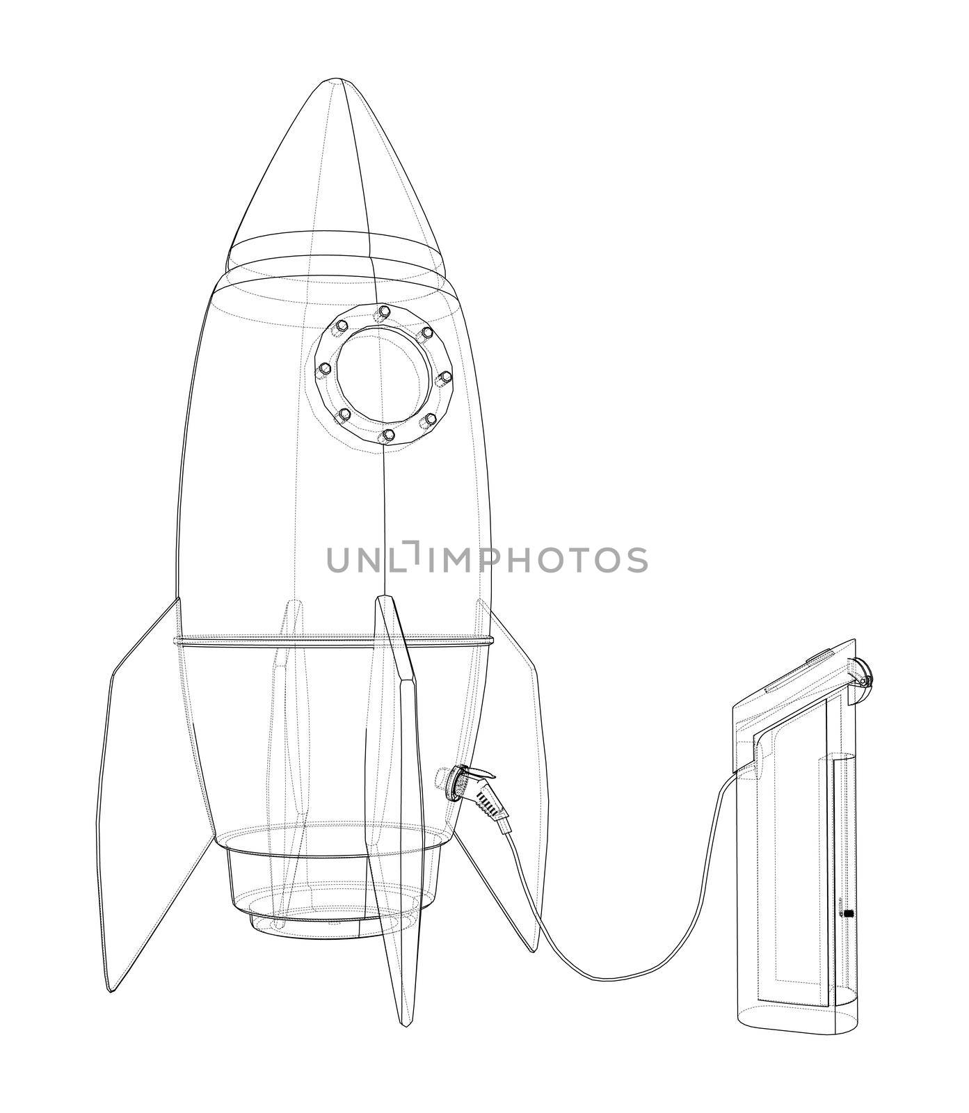 Electric Rocket Charging Station Sketch. 3d illustration