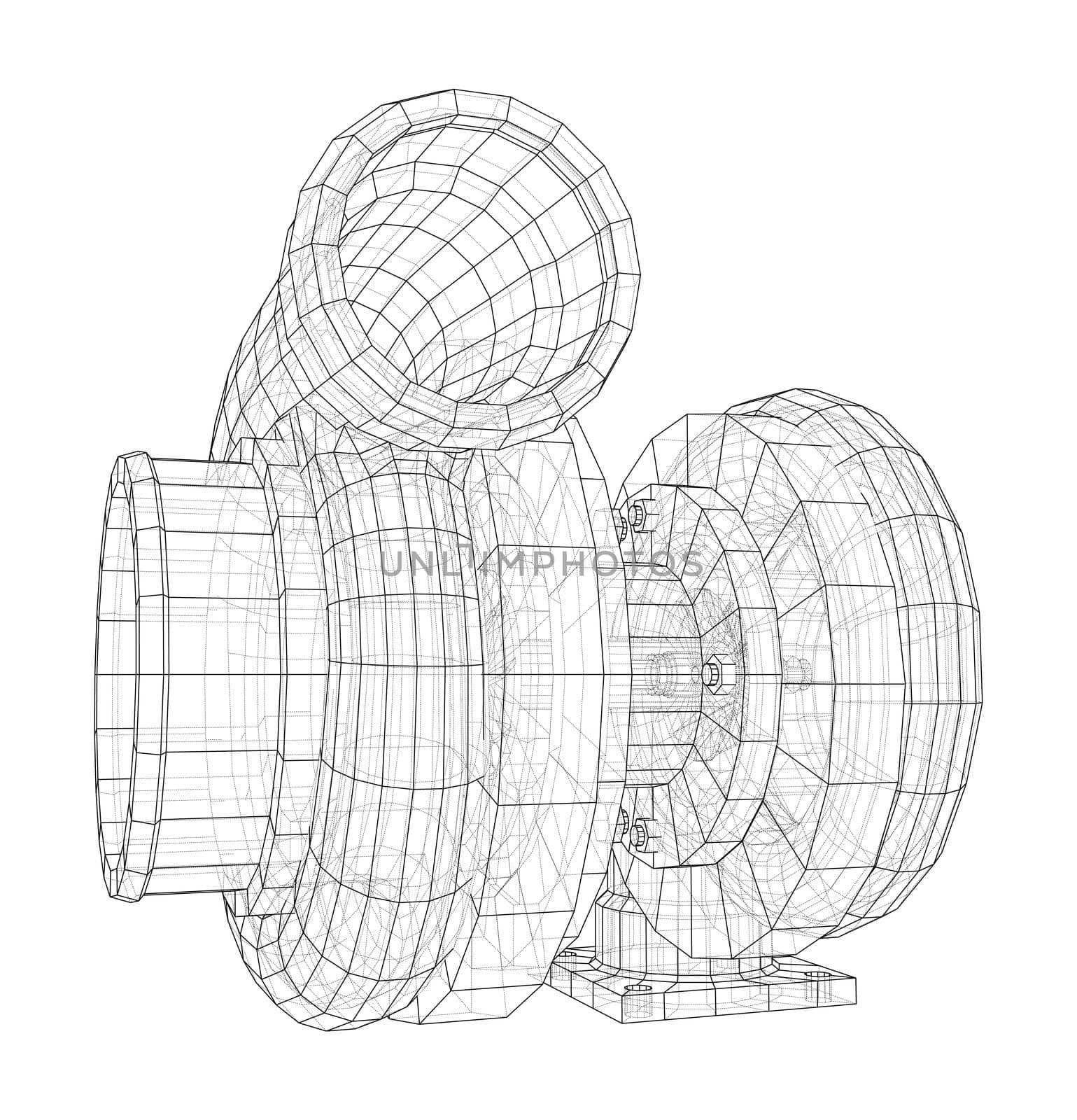 Automobile turbocharger concept outline. 3d illustration. Wire-frame style