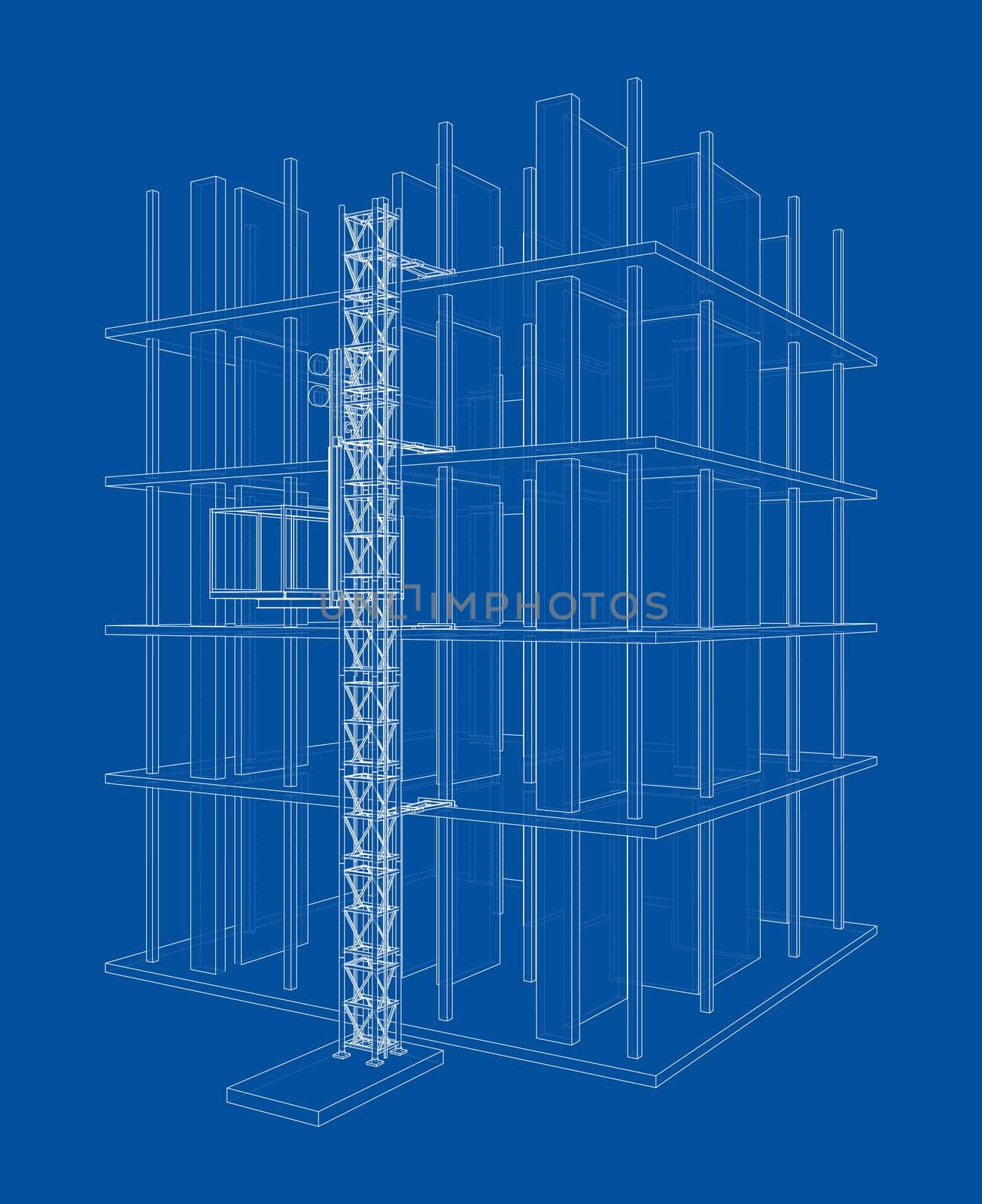 Building under construction with a mast lifts outline. 3d illustration