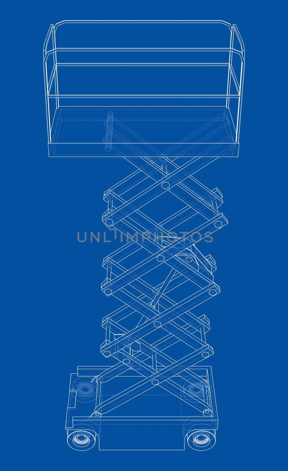 Scissor lift concept outline. 3d illustration. Wire-frame style