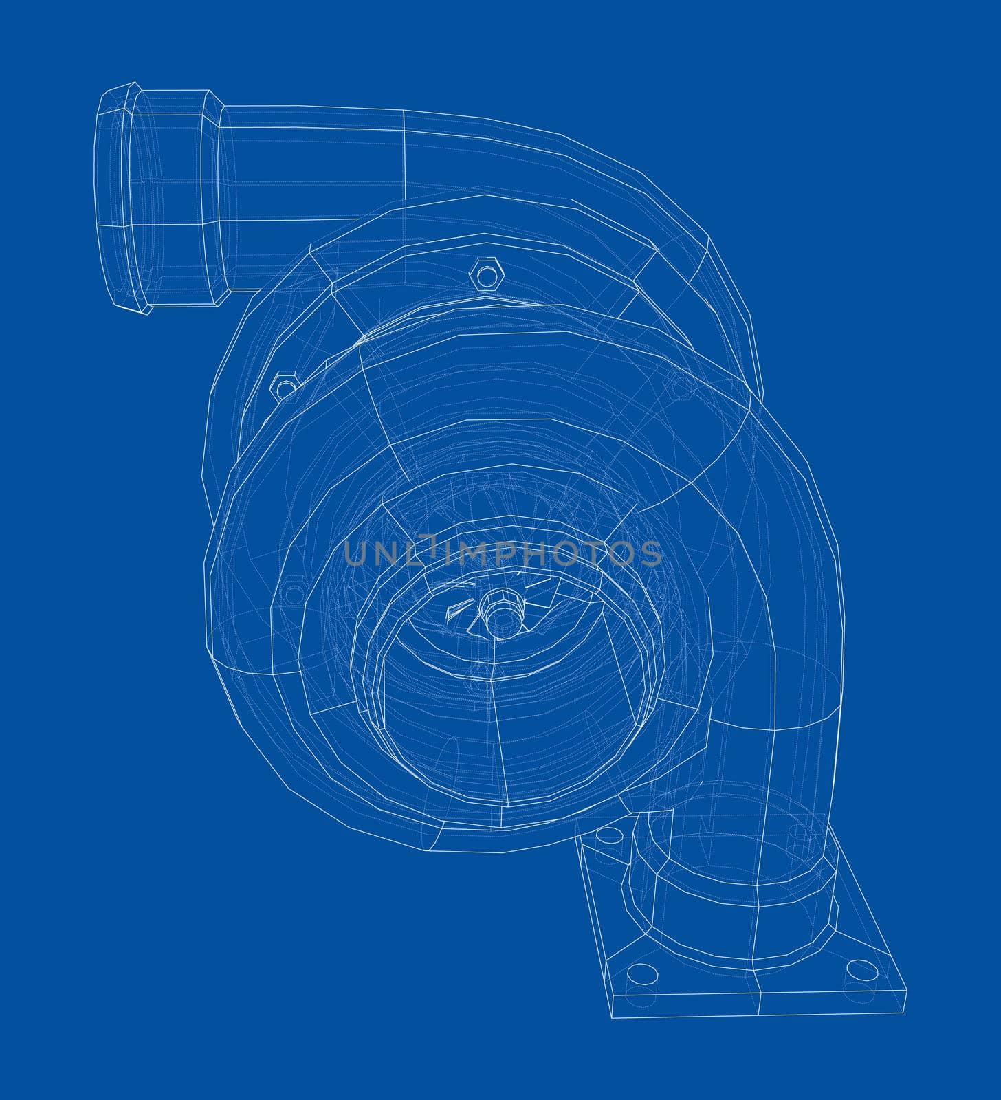 Automobile turbocharger concept outline. 3d illustration. Wire-frame style