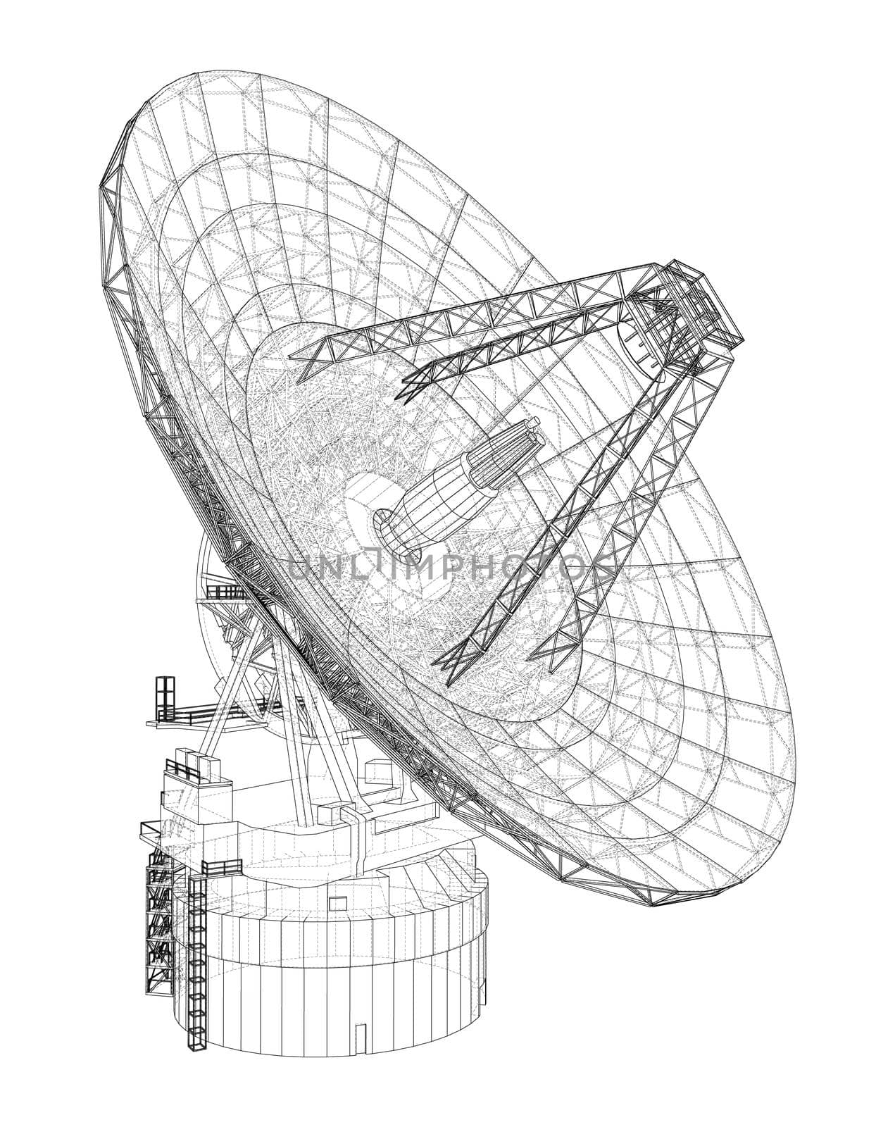 Radio Telescope concept outline. 3d illustration. Wire-frame style