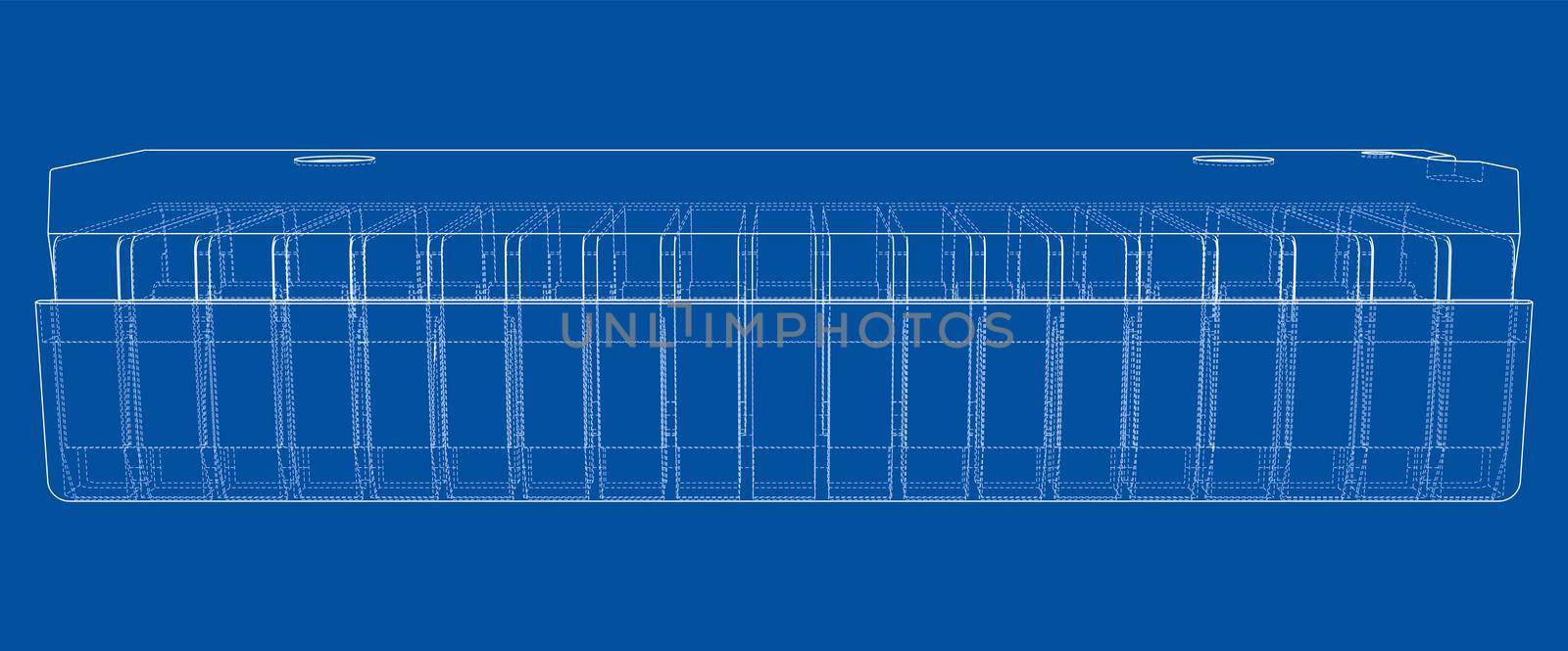 3D microchip. 3d illustration. Wire-frame or blueprint style