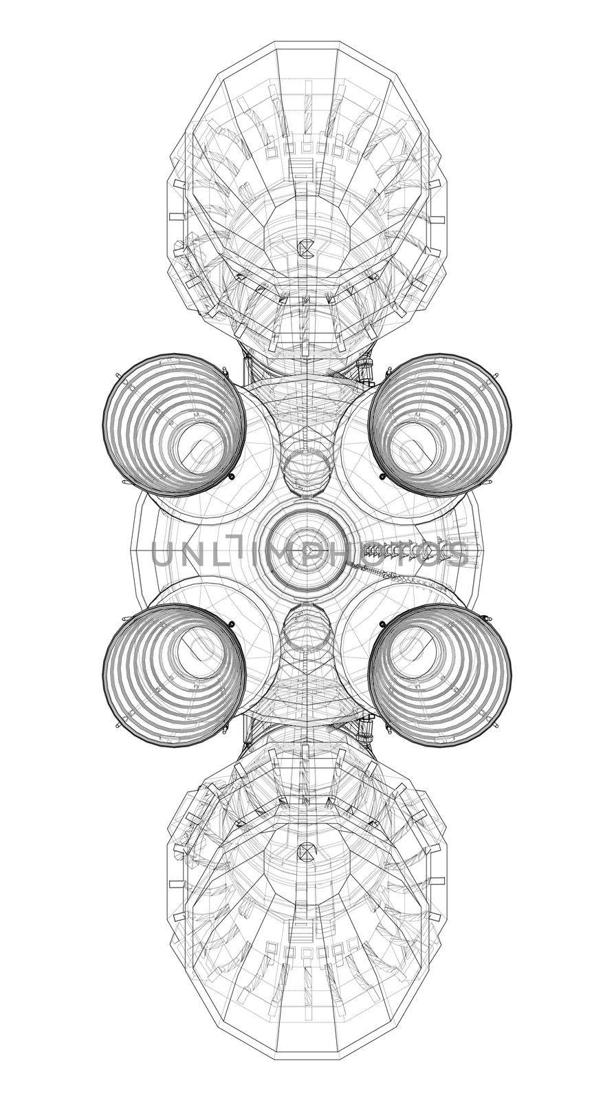 Space rocket concept outline. 3d illustration. Wire-frame style