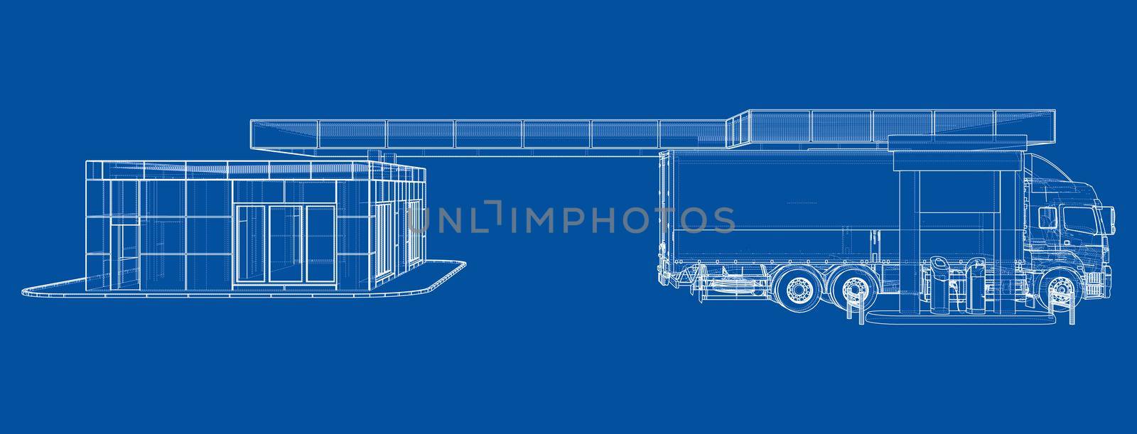 Electric Car Charging Station with Cars and Truck. 3d illustration