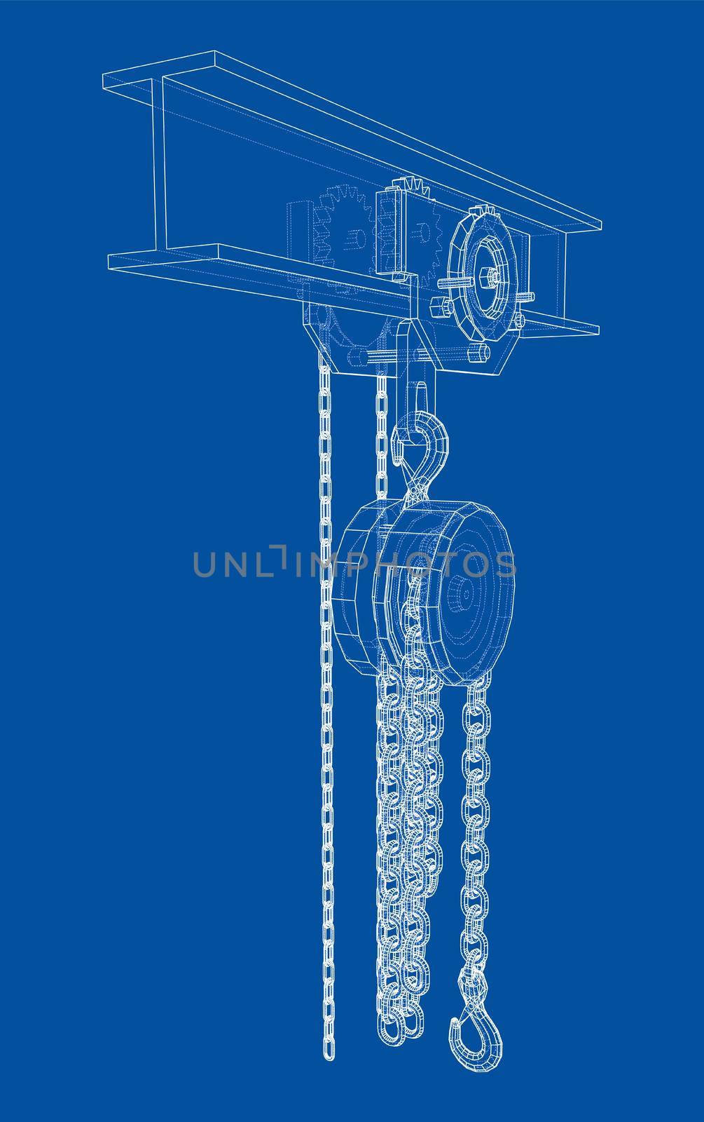 A Hoist on the beam. 3d illustration. Wire-frame style