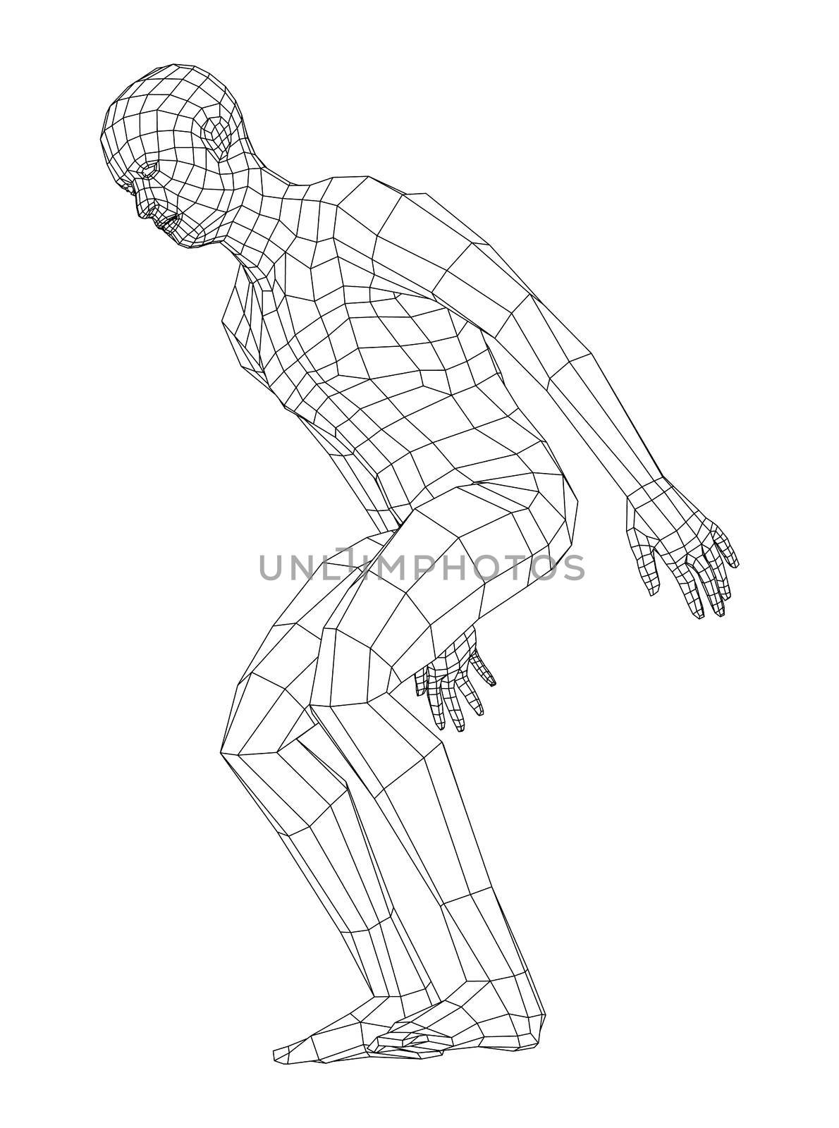 Wireframe jumping man. 3d illustration. Man in jumping pose