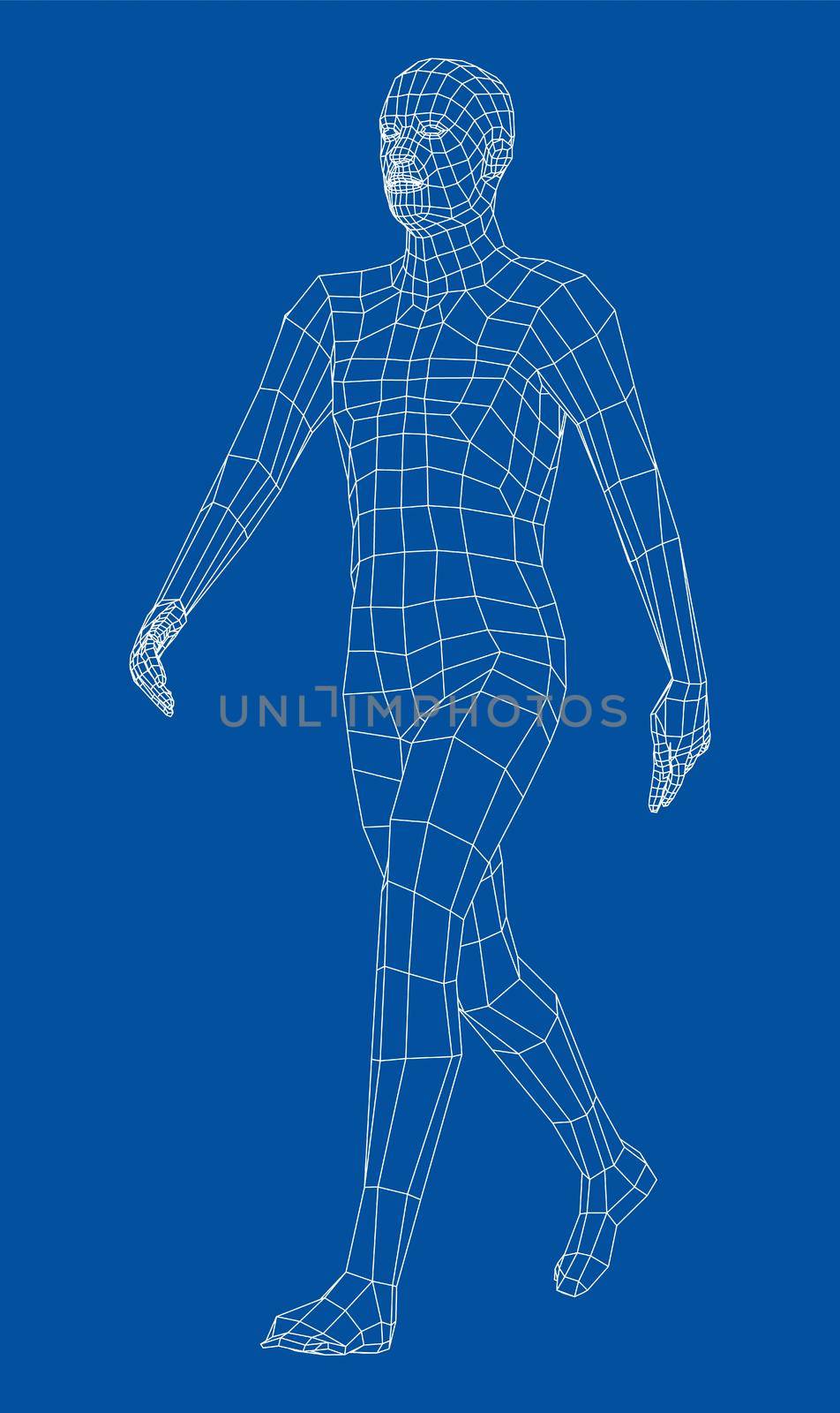 Wireframe walking man. 3d illustration. Man in walking pose