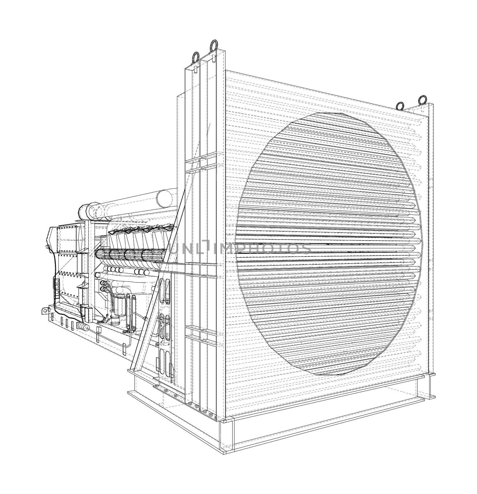 Large industrial diesel generator. Generator, diesel engine and cooling radiator. 3d illustration