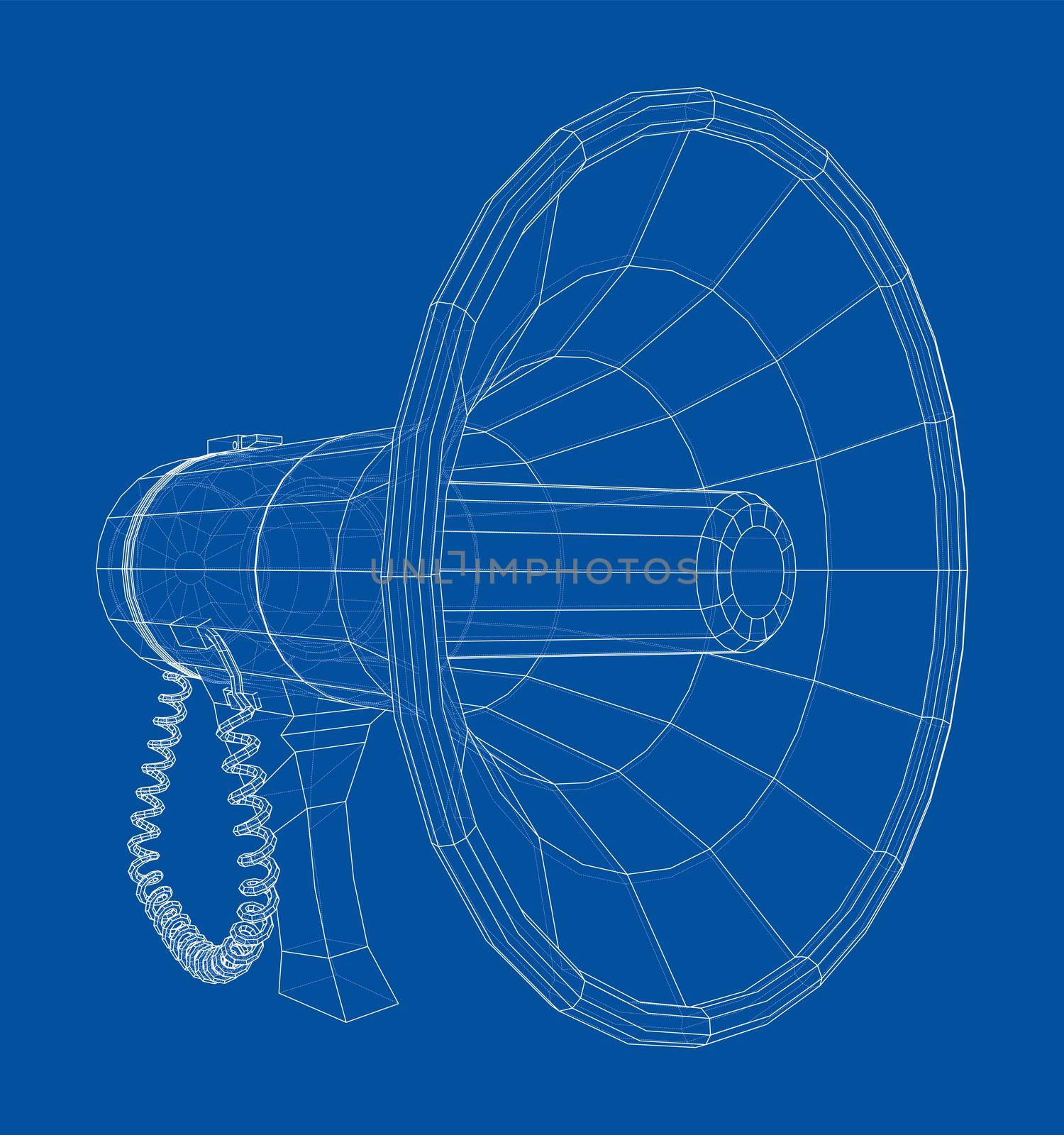 Megaphone concept outline. 3d illustration. Wire-frame style