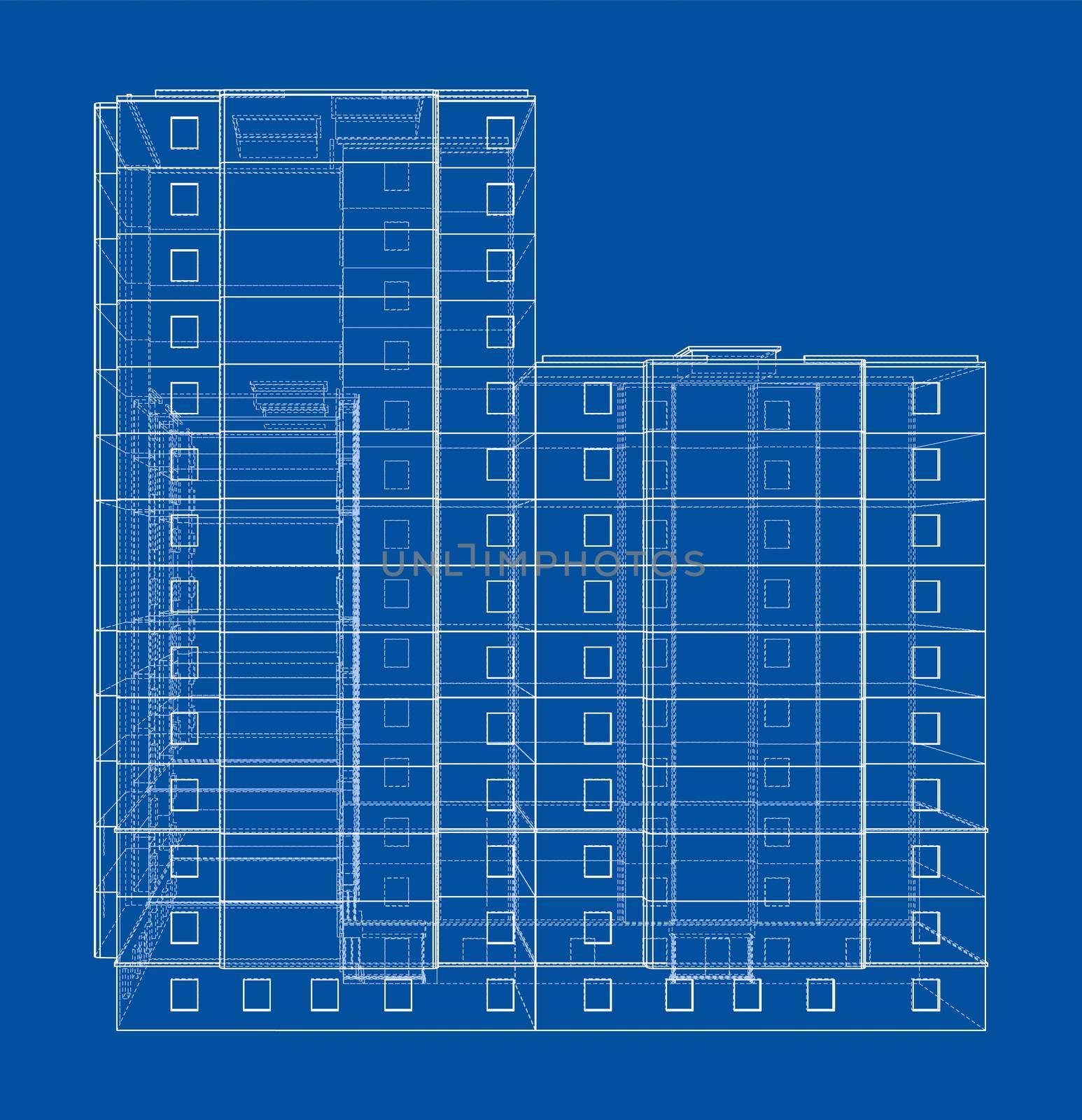 Multi-storey residential building. Construction concept. Drawing or blueprint style. 3d illustration