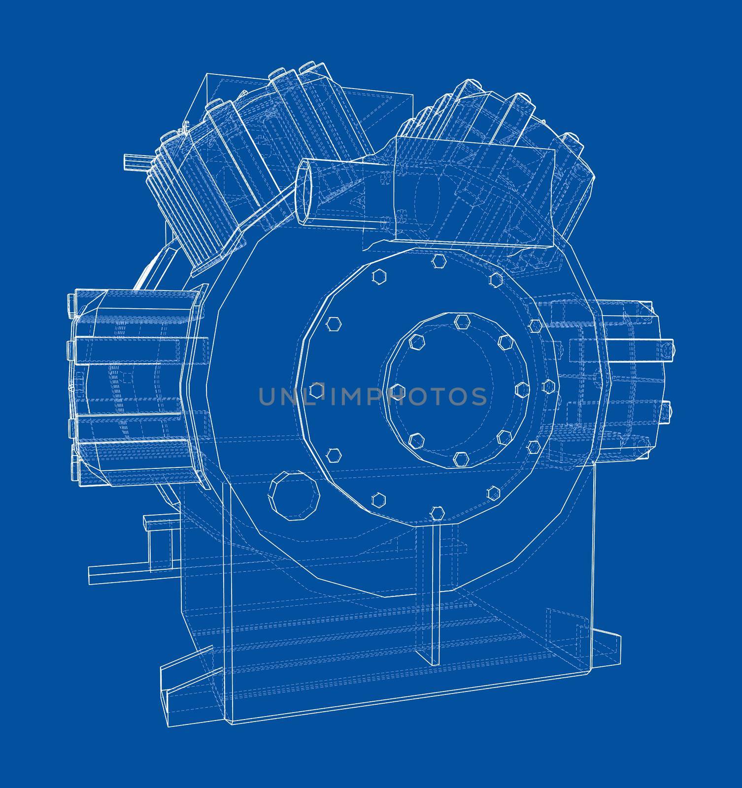 Air conditioning compressor. 3d illustration. Wire-frame style