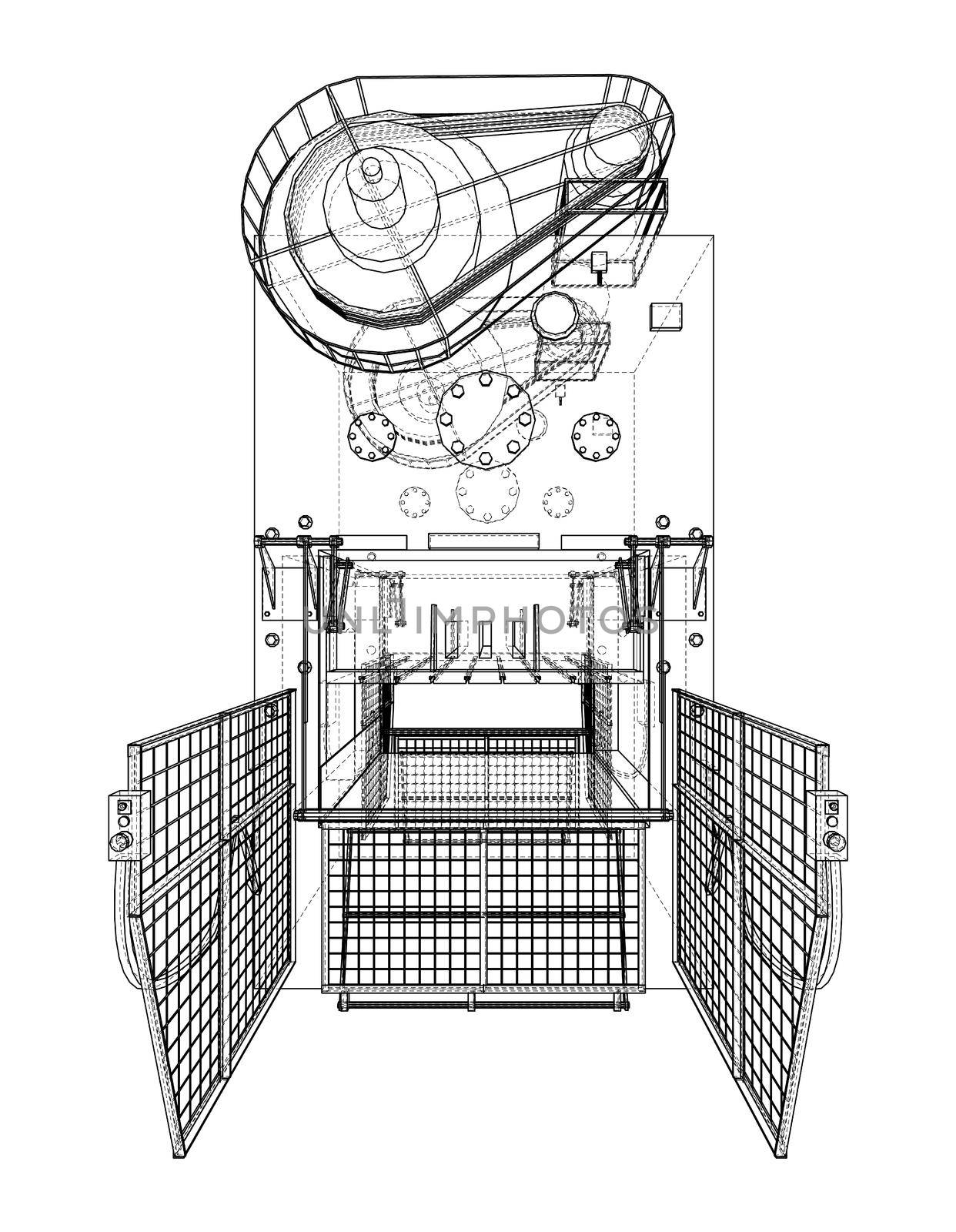 Powerful Press. 3d illustration. Wire-frame or blueprint style