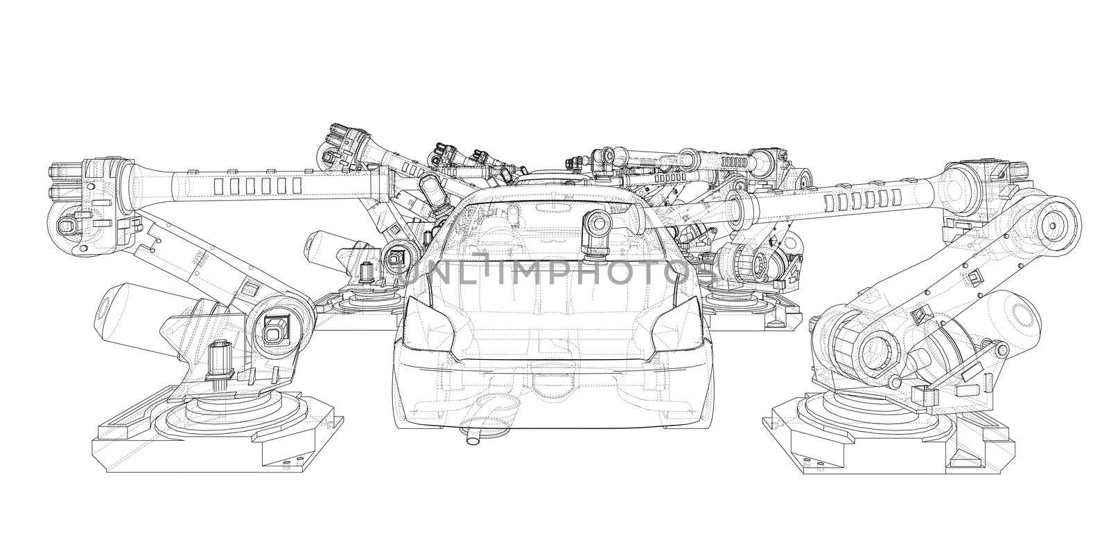 Assembly of motor vehicle. Robotic equipment makes Assembly of car. Blueprint style. 3d illustration