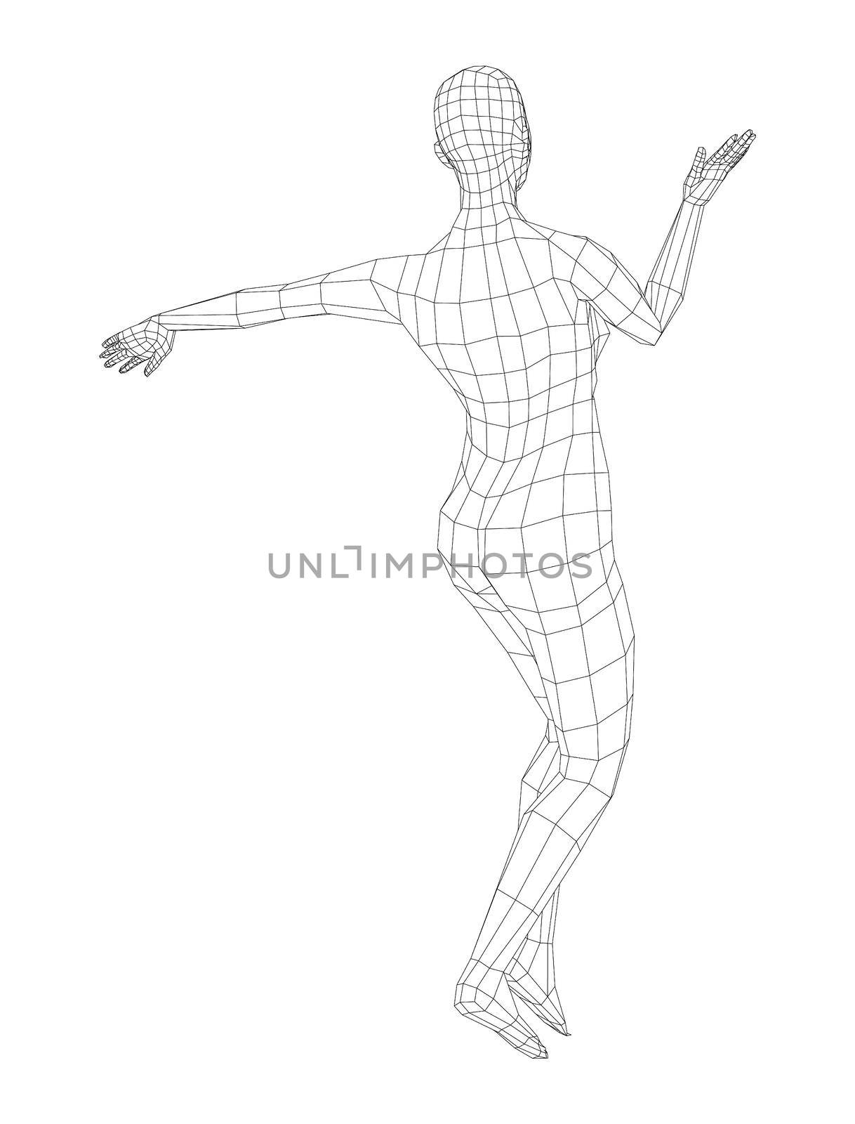 Wireframe ballerina or dancer in dance pose. Female dancing salsa. 3d illustration