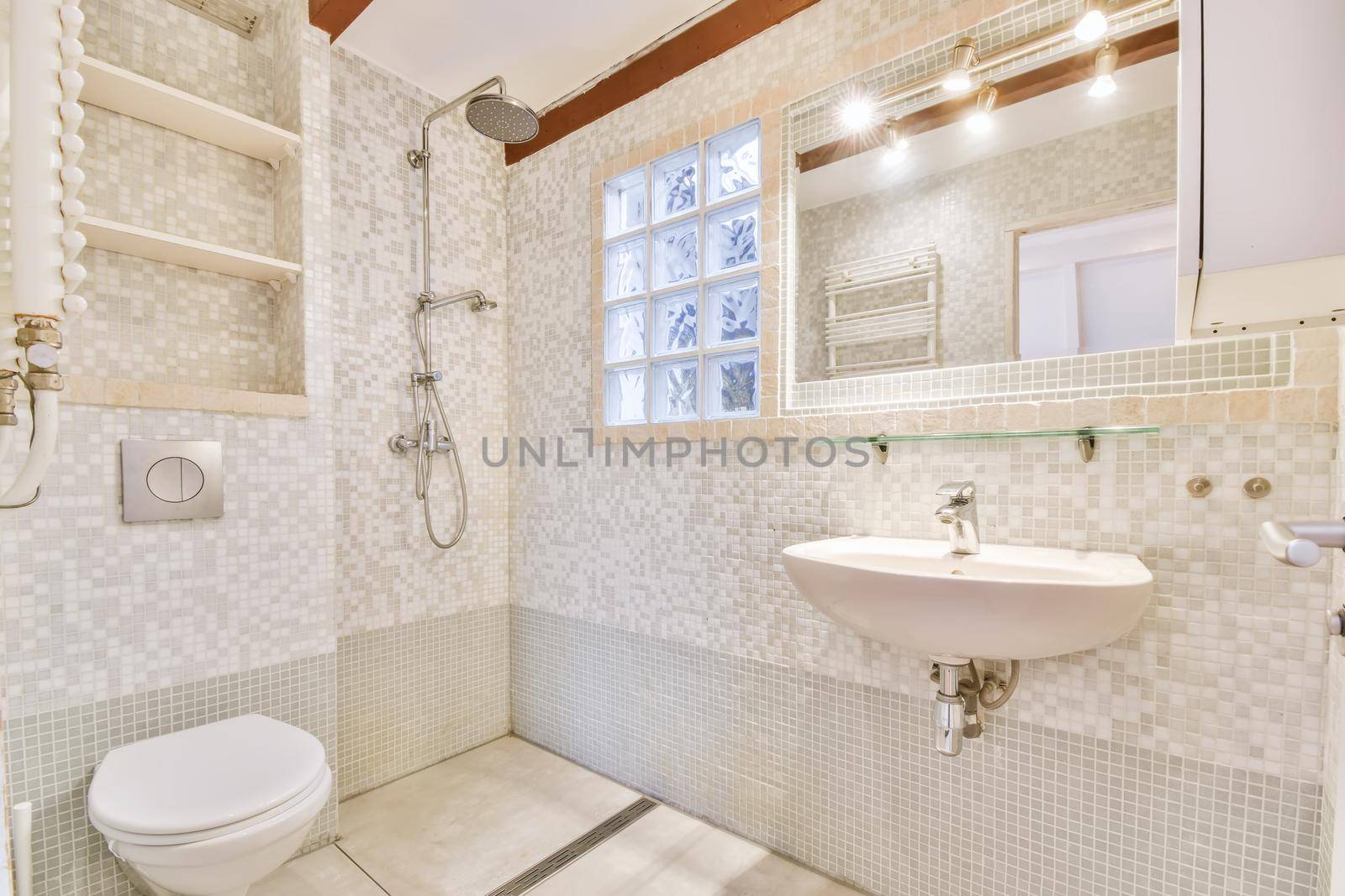 Interior of contemporary bathroom with shower and sink in minimal style in flat