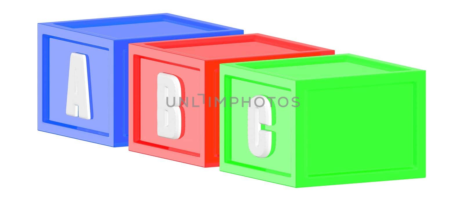 3d blue red green color cubes with a b c in it respectively- 3d rendering