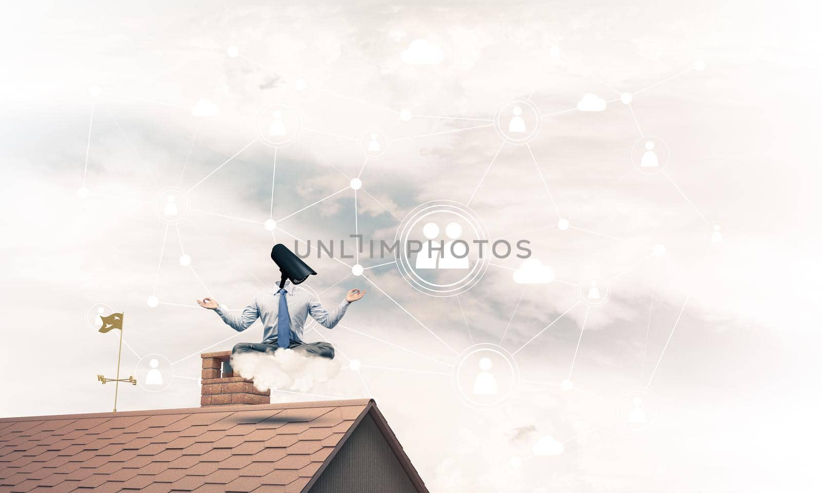 Faceless businessman with camera zoom instead of head sitting in lotus pose