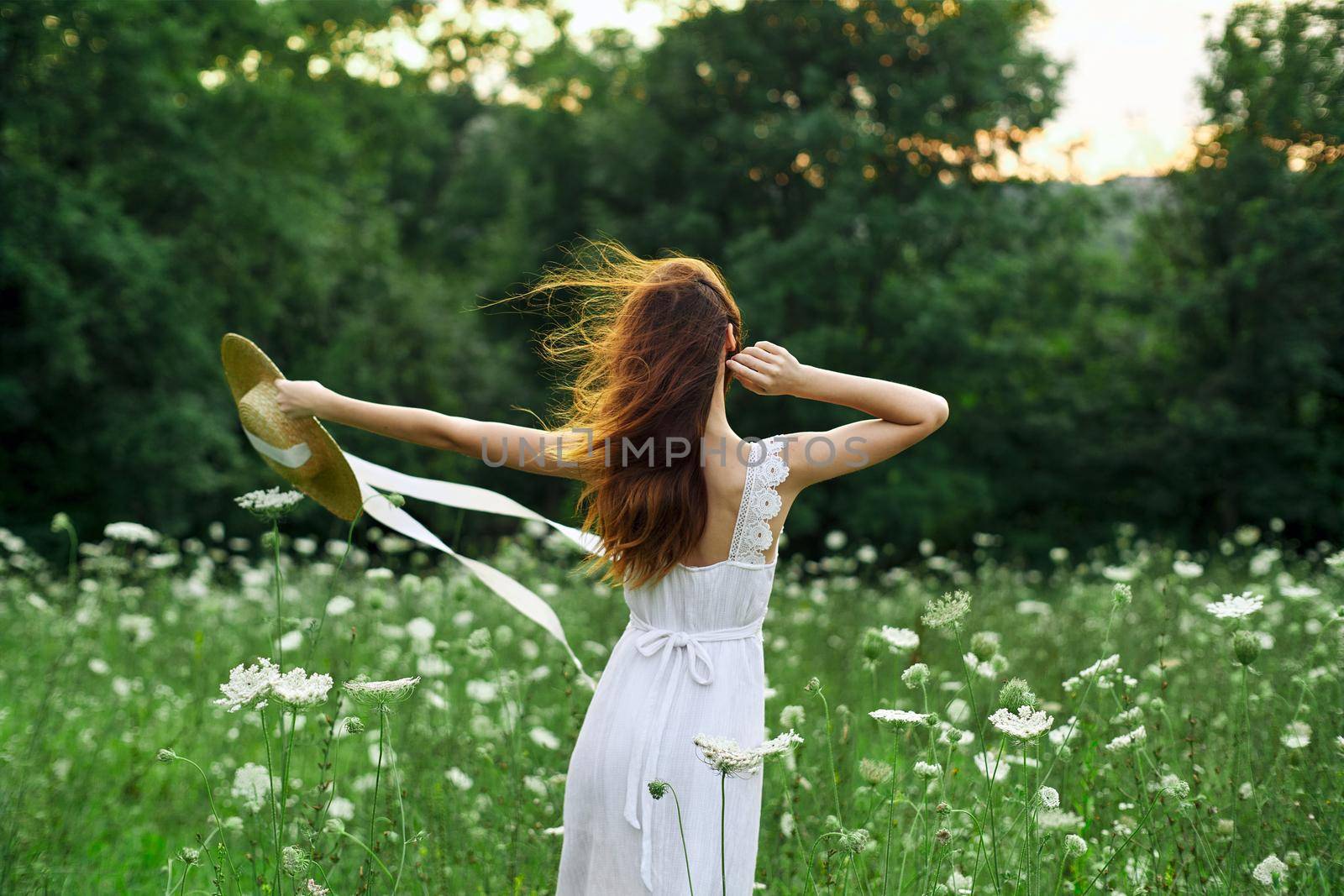 pretty woman in a field in nature white dress fresh air. High quality photo