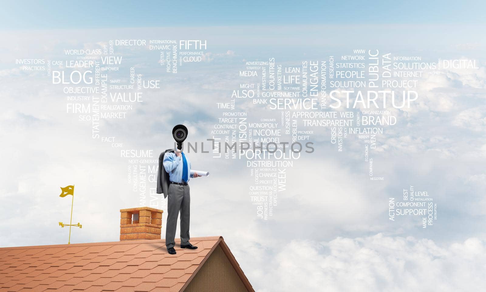 Faceless businessman with camera zoom instead of head standing on house roof