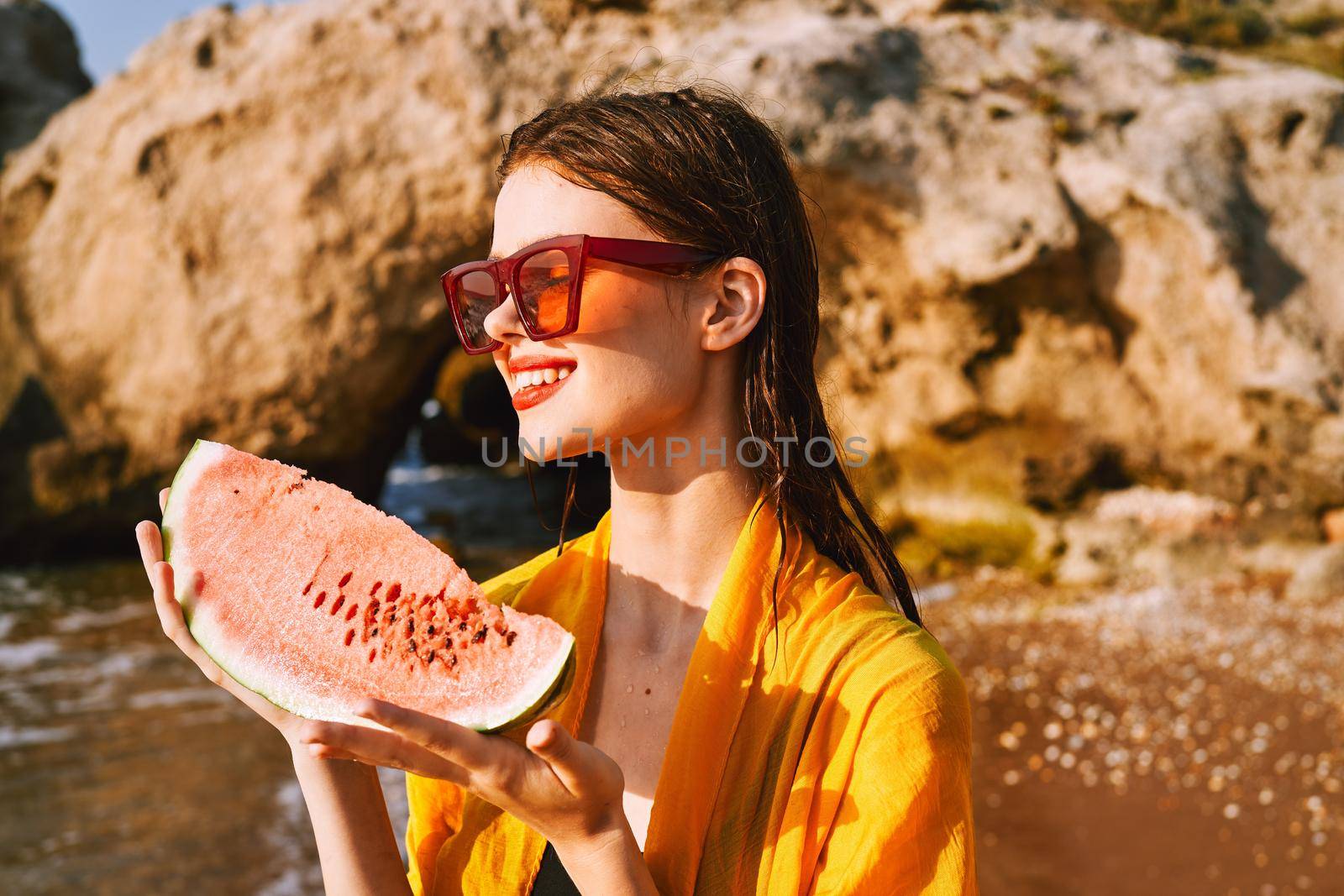 pretty woman with watermelon outdoors summer vacation by Vichizh