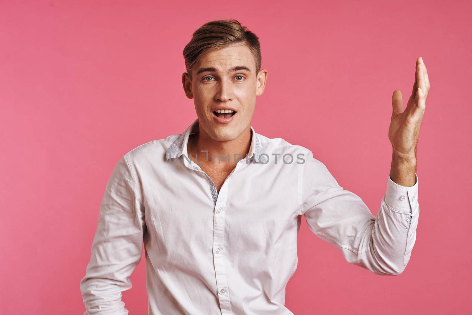 businessmen posing white shirt fashion self confidence pink background by Vichizh