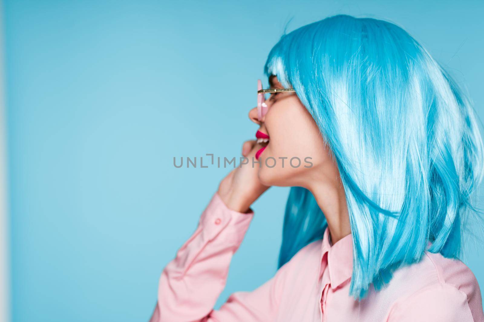 beautiful woman in blue wig sunglasses Glamor fashion by Vichizh