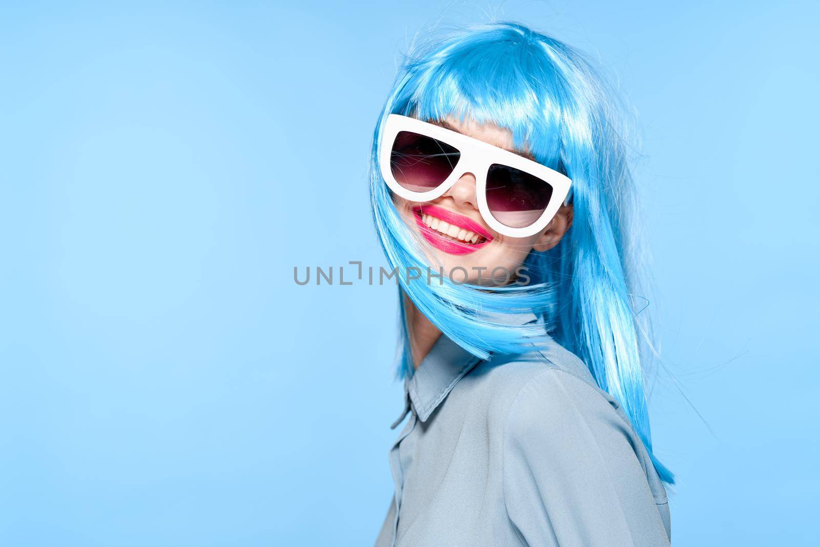 fashionable woman cultural wig sunglasses posing model. High quality photo