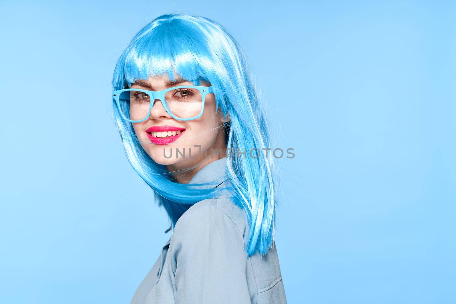 beautiful woman in blue wig glasses fashion glamor by Vichizh