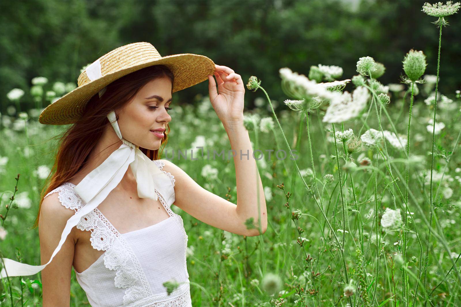 Woman with hat white dress flowers nature relaxation by Vichizh