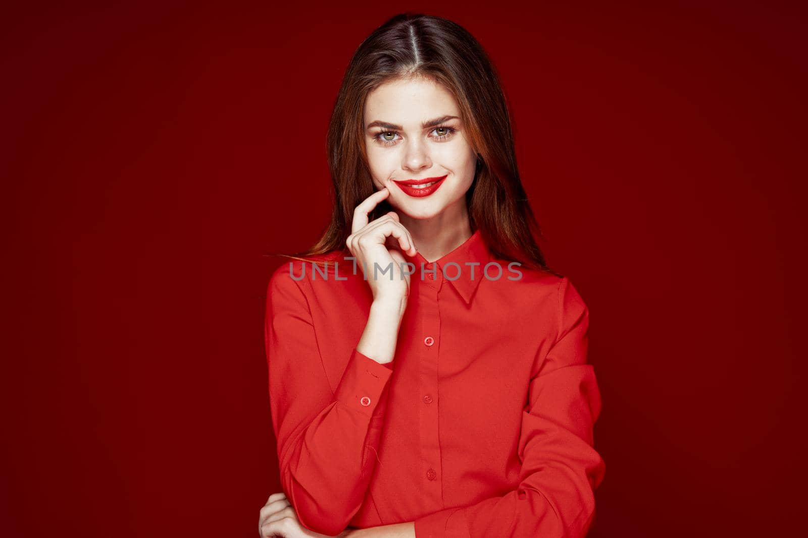 beautiful woman hairstyle makeup red shirt model by Vichizh