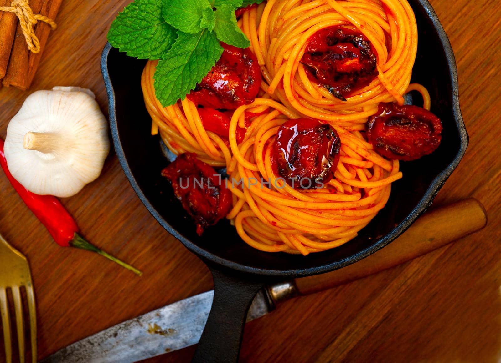 italian spaghetti pasta and tomato with mint leaves  by keko64