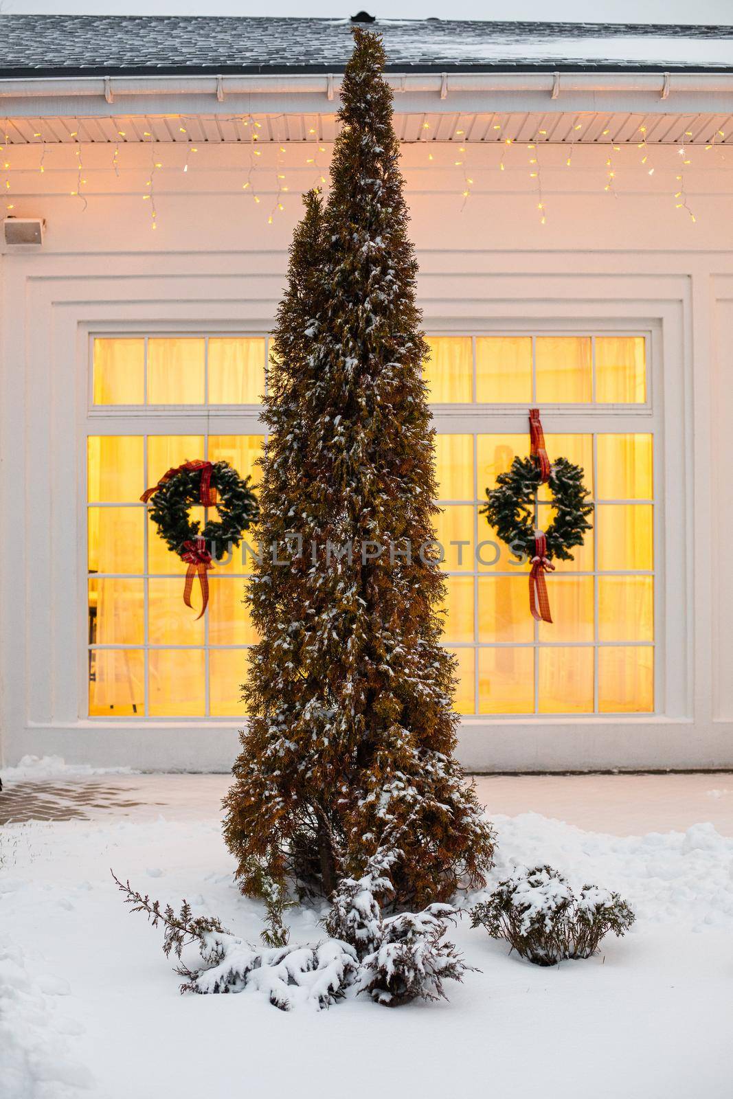 House decorated for Christmas with red car by StudioLucky