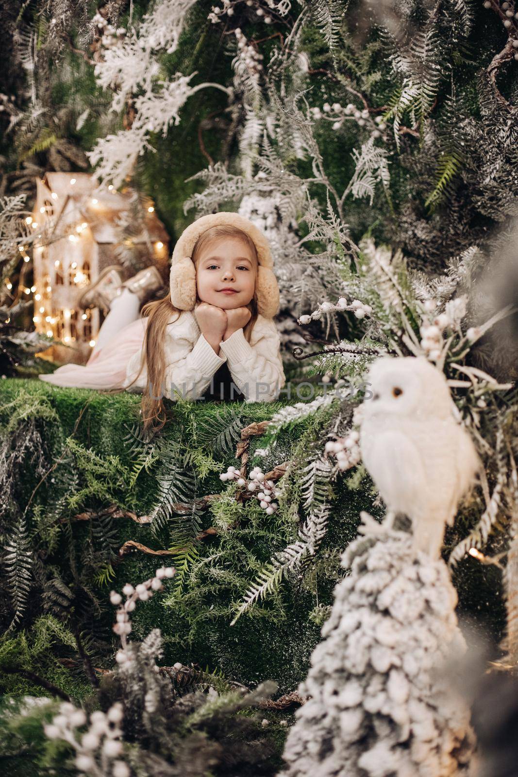 picture of attractive little girl in light clothes lies on a christmas decoration with trees and a little white owl by StudioLucky