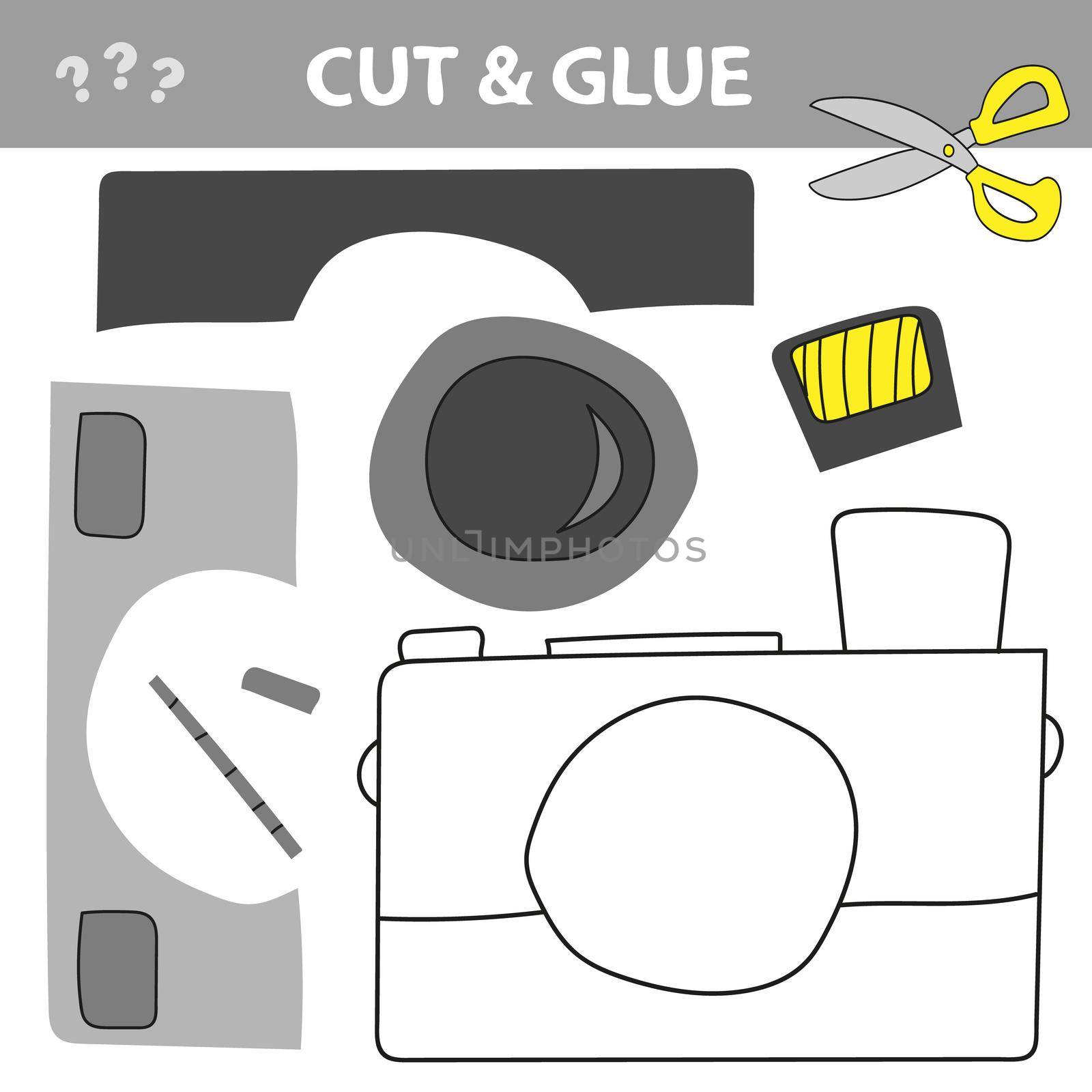 Cut and glue - Simple game for kids. Camera front view. Education paper game for preshool children. Vector illustration.