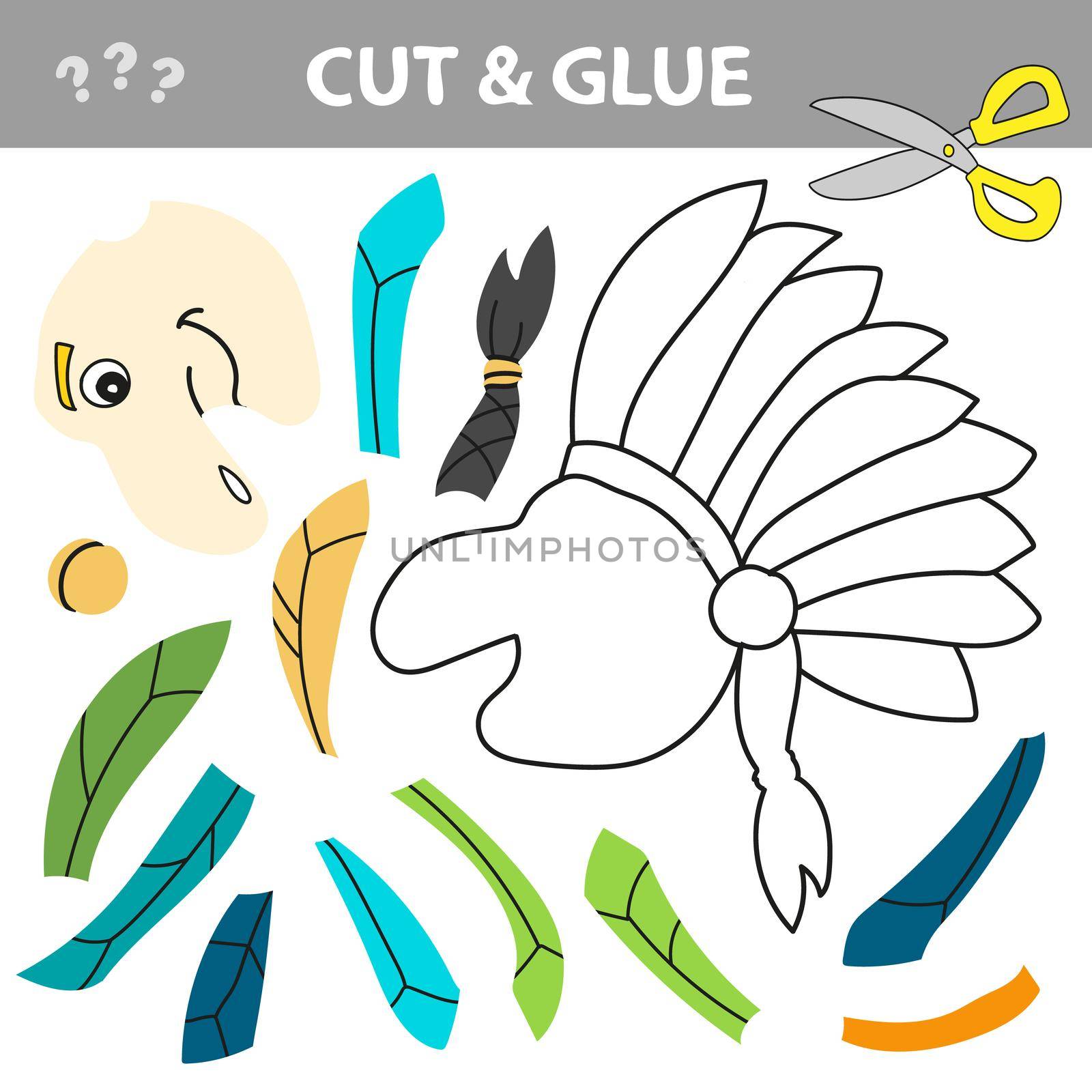 Cut and glue - Simple game for kids. Native Indian man with feather headdress. Education paper game for preshool children. Vector illustration.